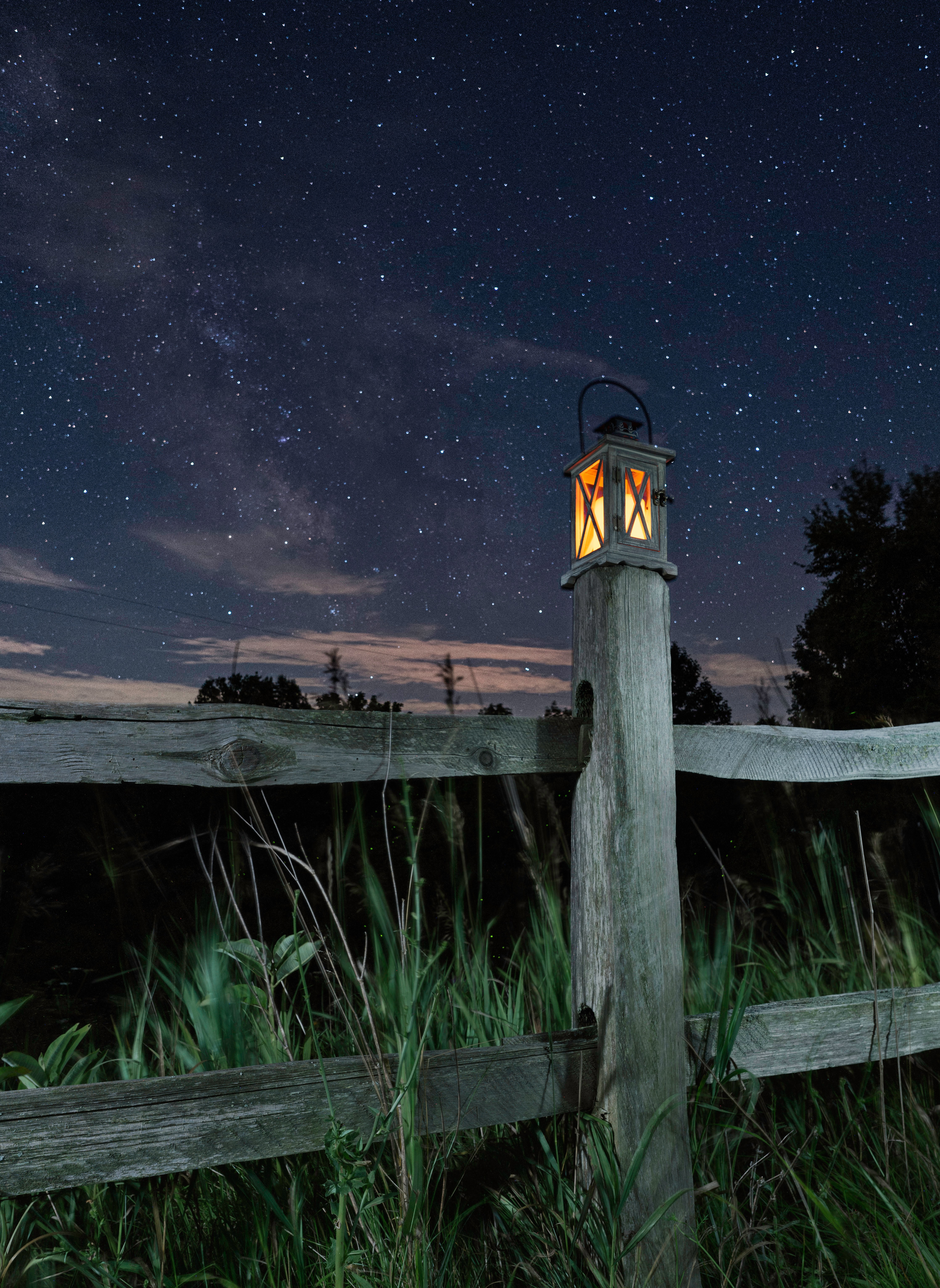 lamp, sky, grass, night, miscellanea, miscellaneous, starry sky, fence, lantern