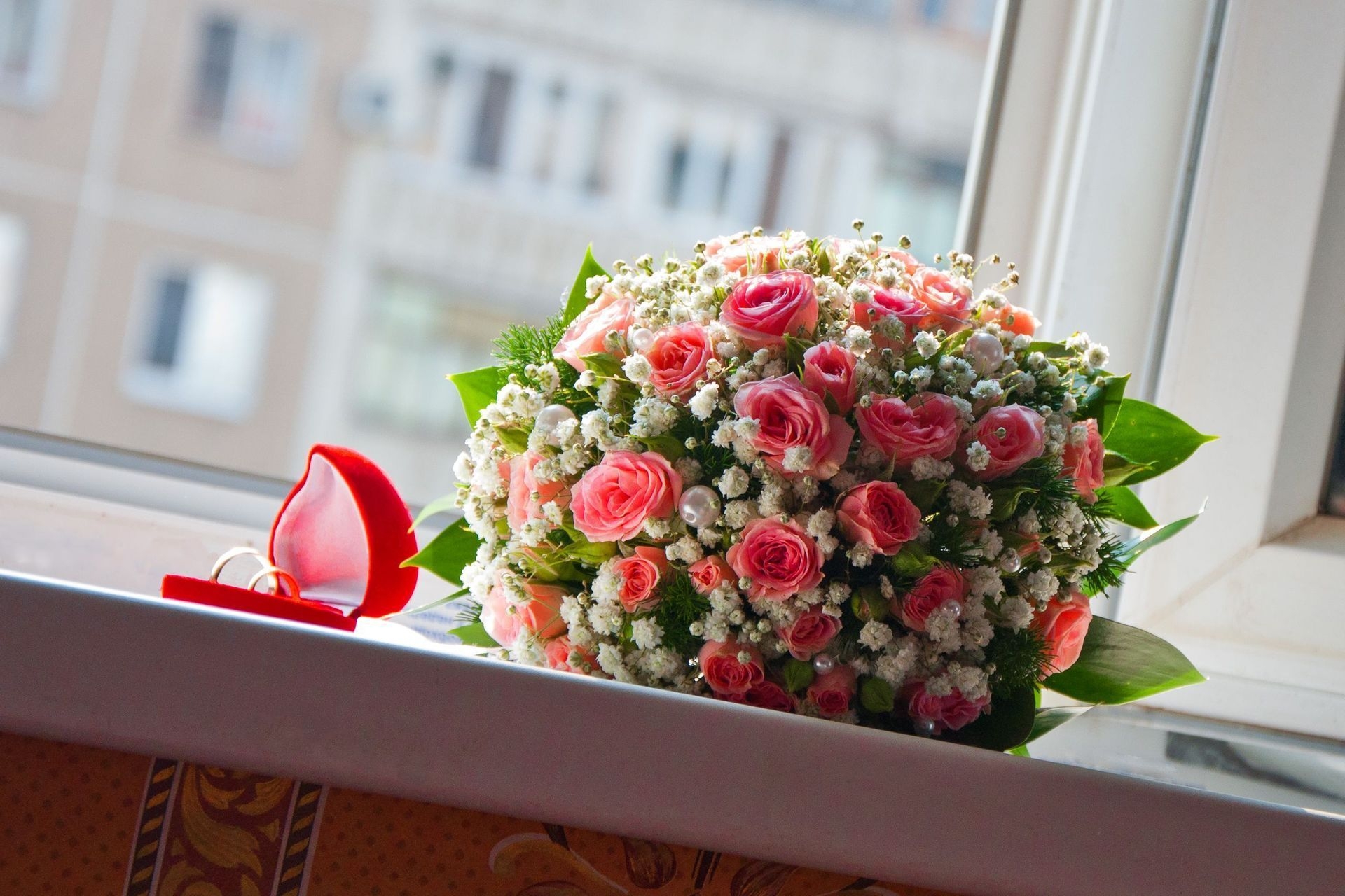 wedding, flowers, roses, rings, pearls, bouquet, window, ball, happiness