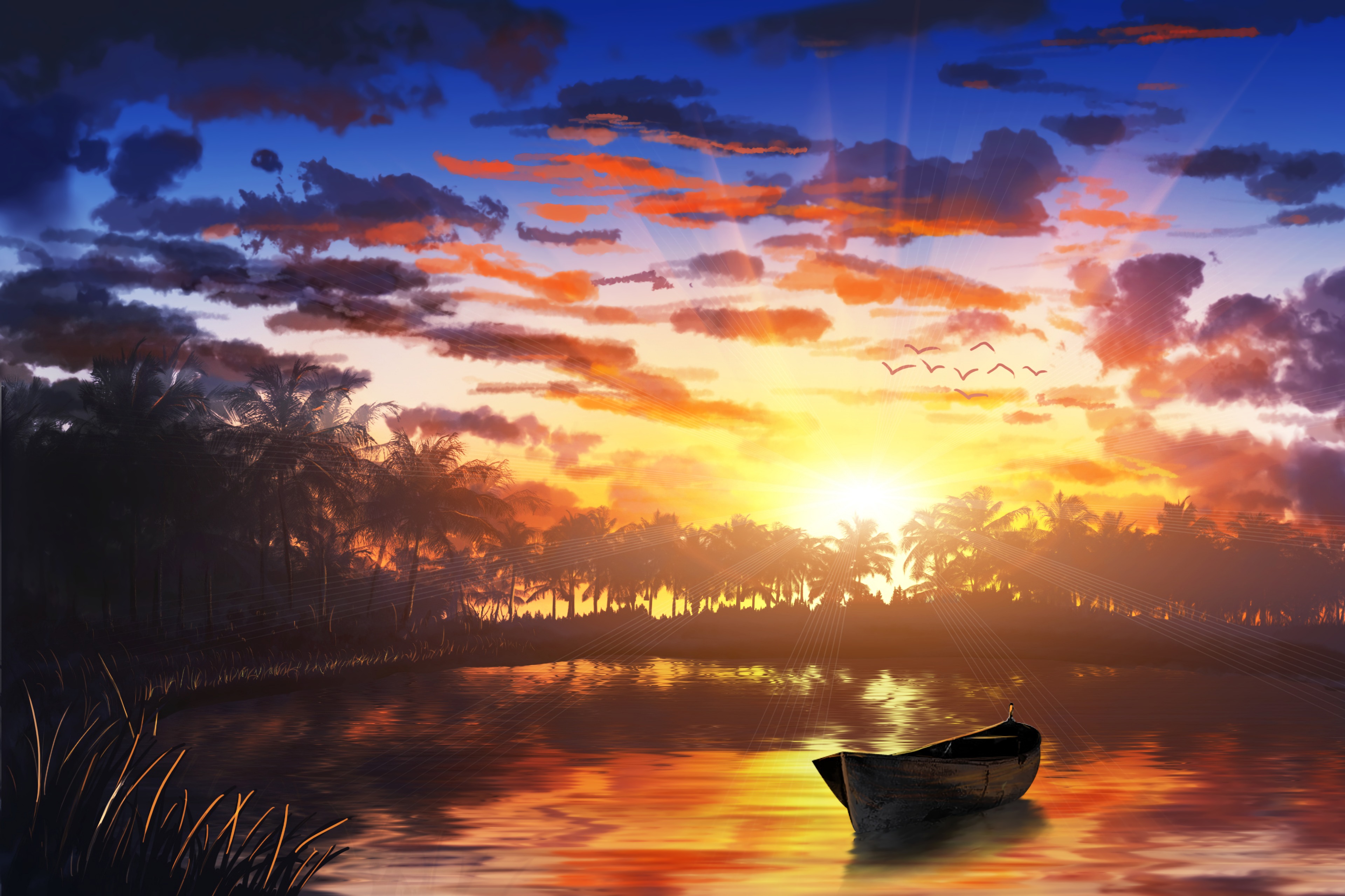 86155 download wallpaper water, sunset, art, palms, boat screensavers and pictures for free