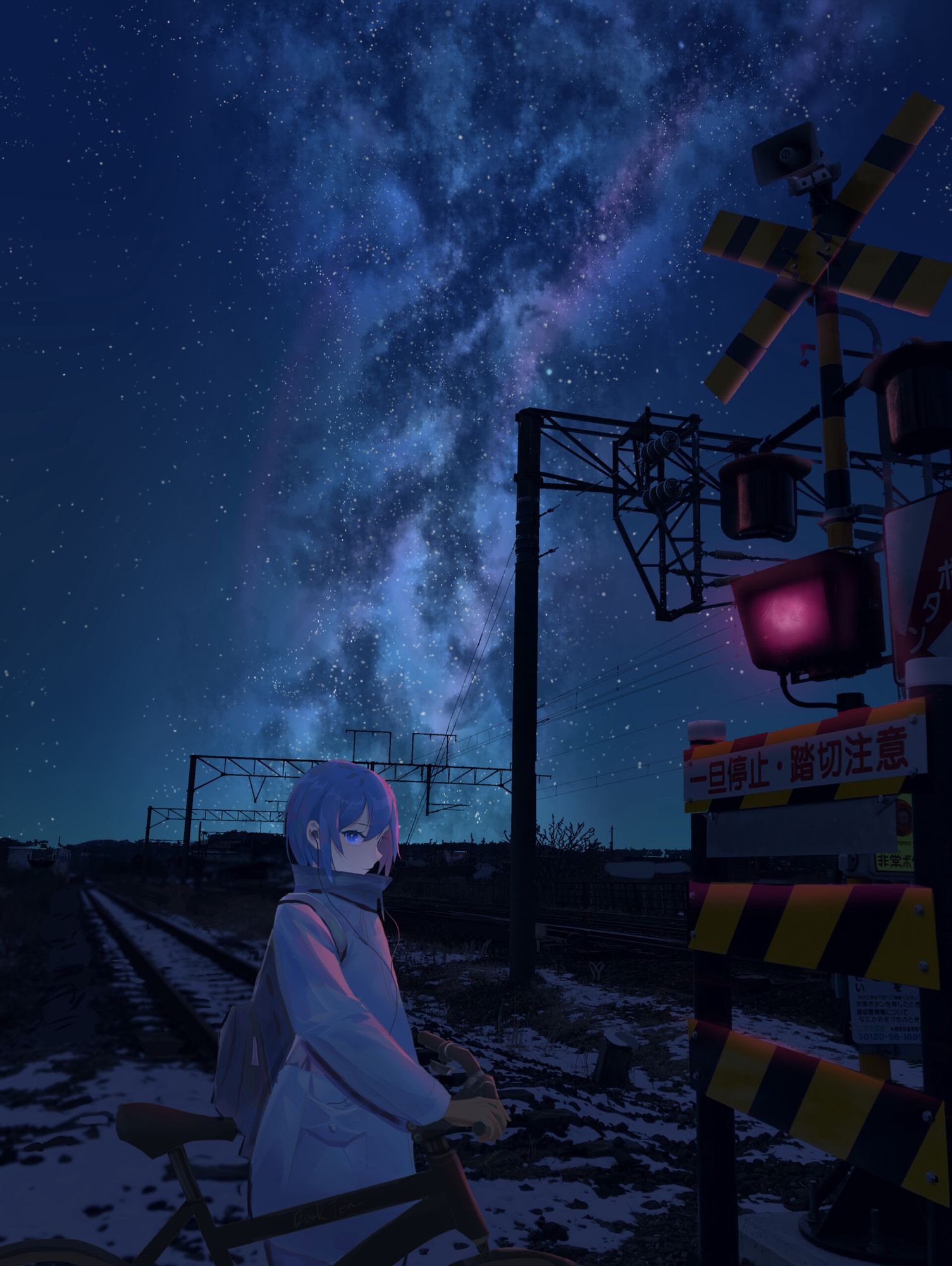 Download mobile wallpaper: Railway, Bicycle, Rails, Stars, Girl, Night