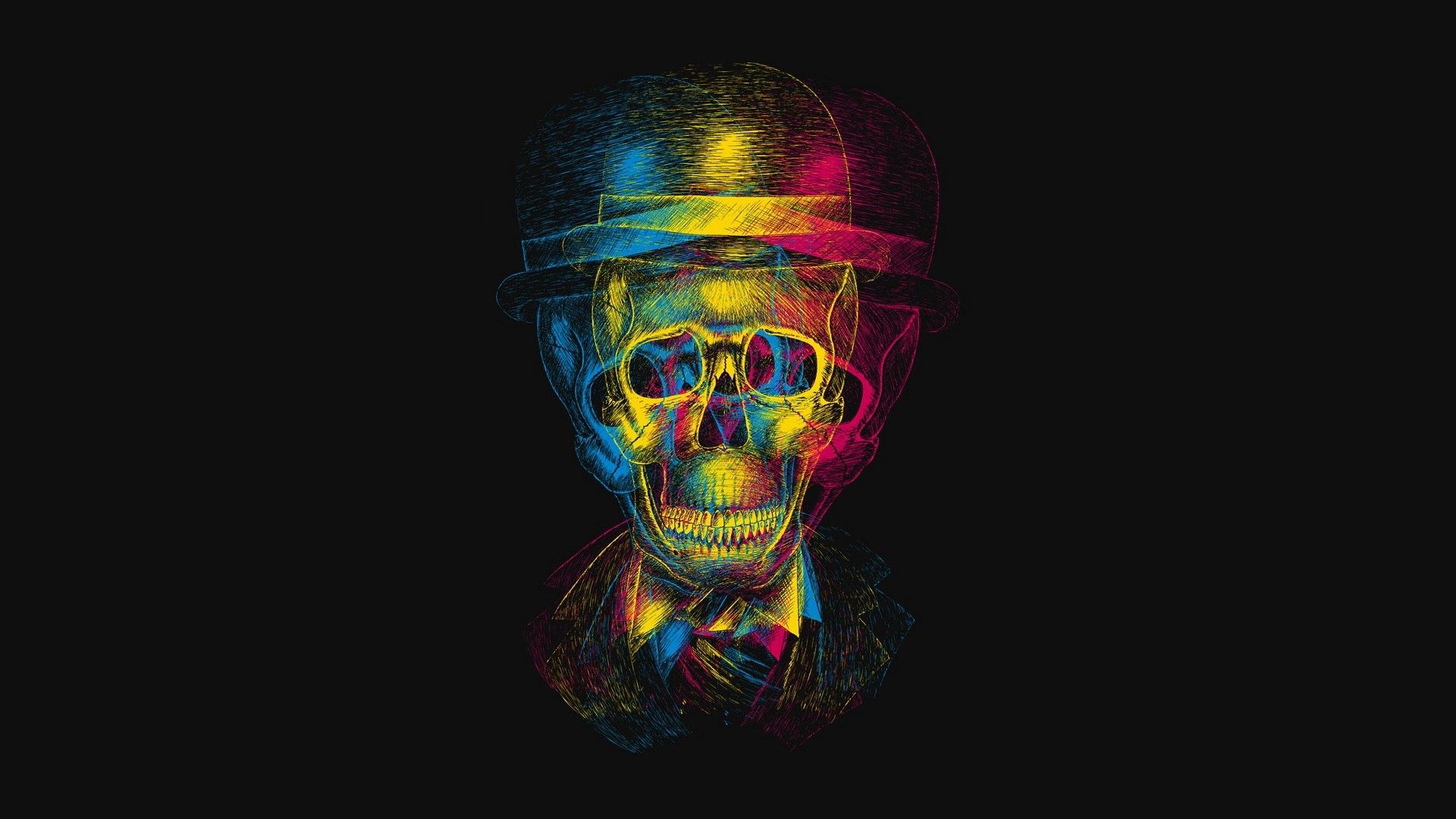 156404 download wallpaper 3d, skull, picture, drawing, hat, anaglyph screensavers and pictures for free
