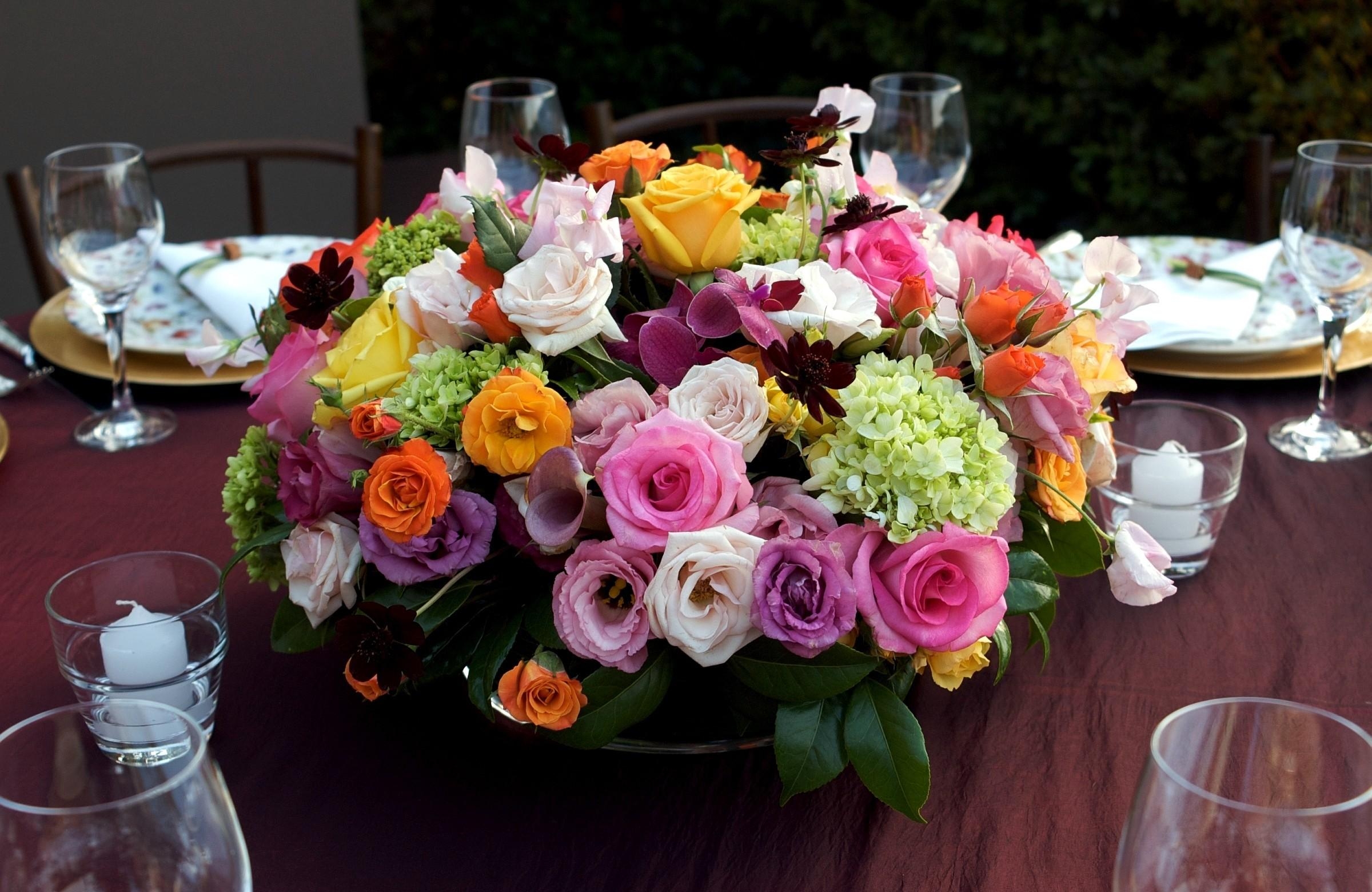 roses, flowers, candles, bouquet, table, composition, hydrangea, serving, lisianthus russell, lisiantus russell cellphone