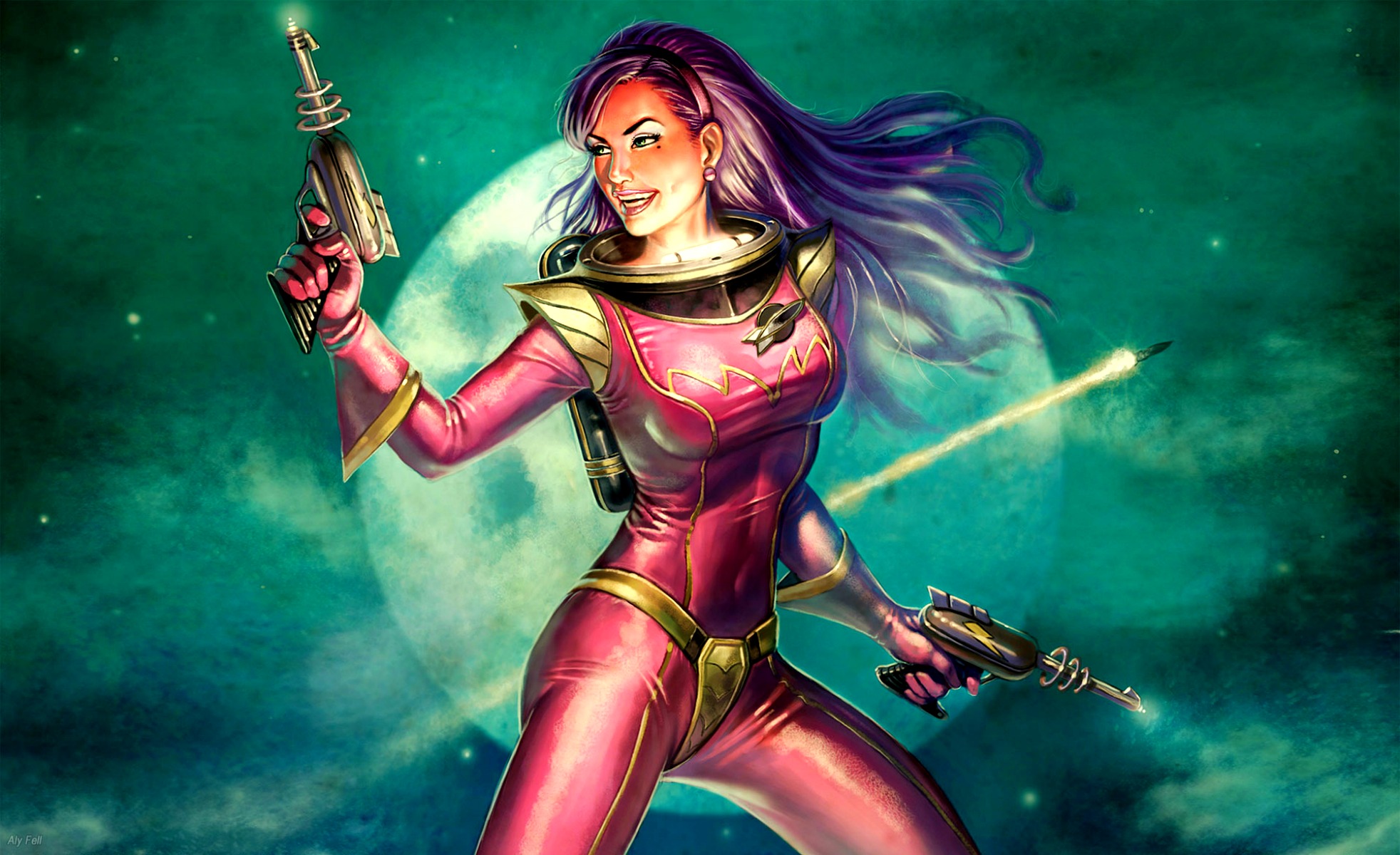 201353 baixar papel de parede ficção científica, mulher guerreira, garotas & armas, pistola, laser, retrô, sorriso, espaço, traje espacial, guerreiro - protetores de tela e imagens gratuitamente