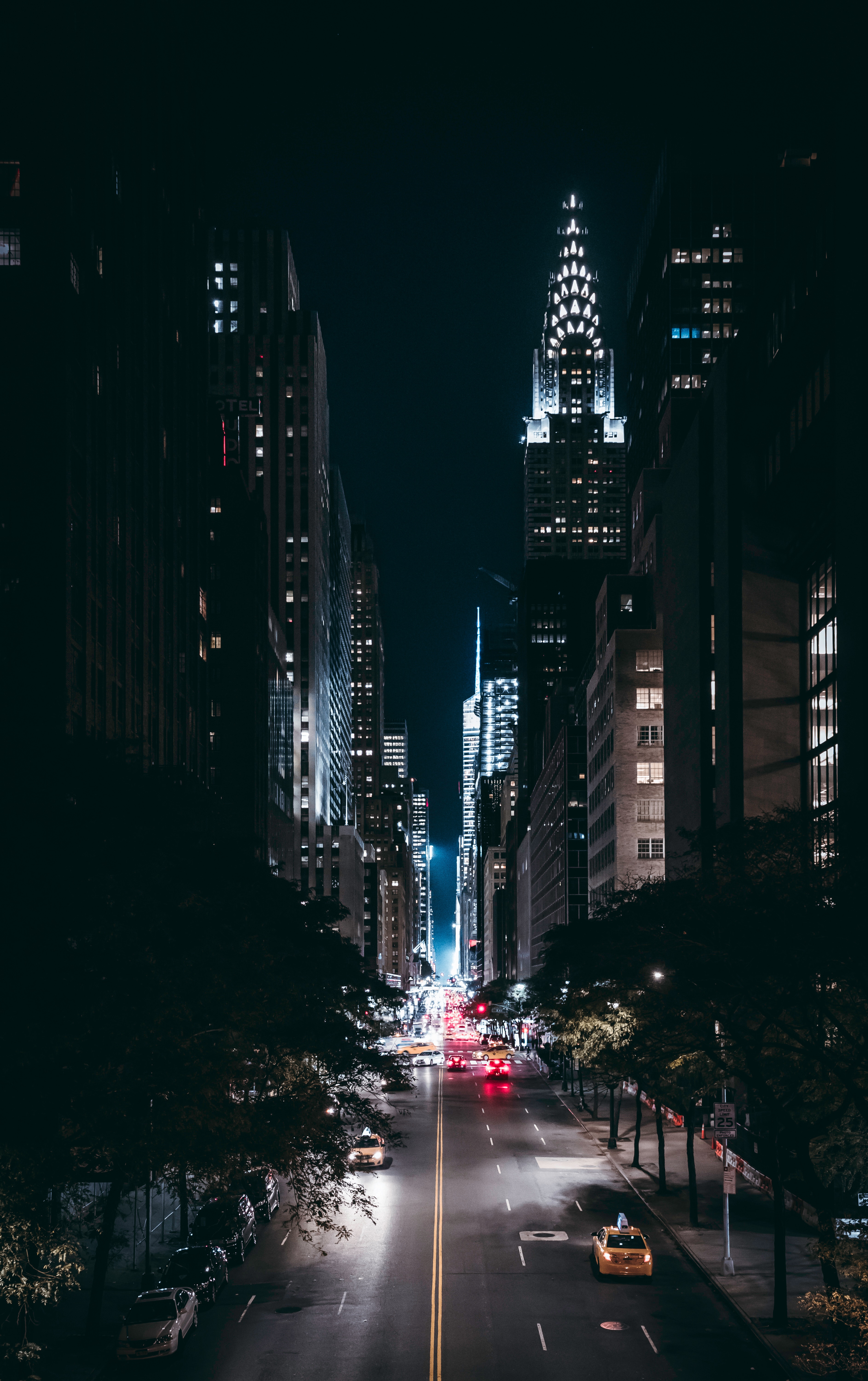 vertical wallpaper usa, cities, trees, road, traffic, movement, night city, united states, new york