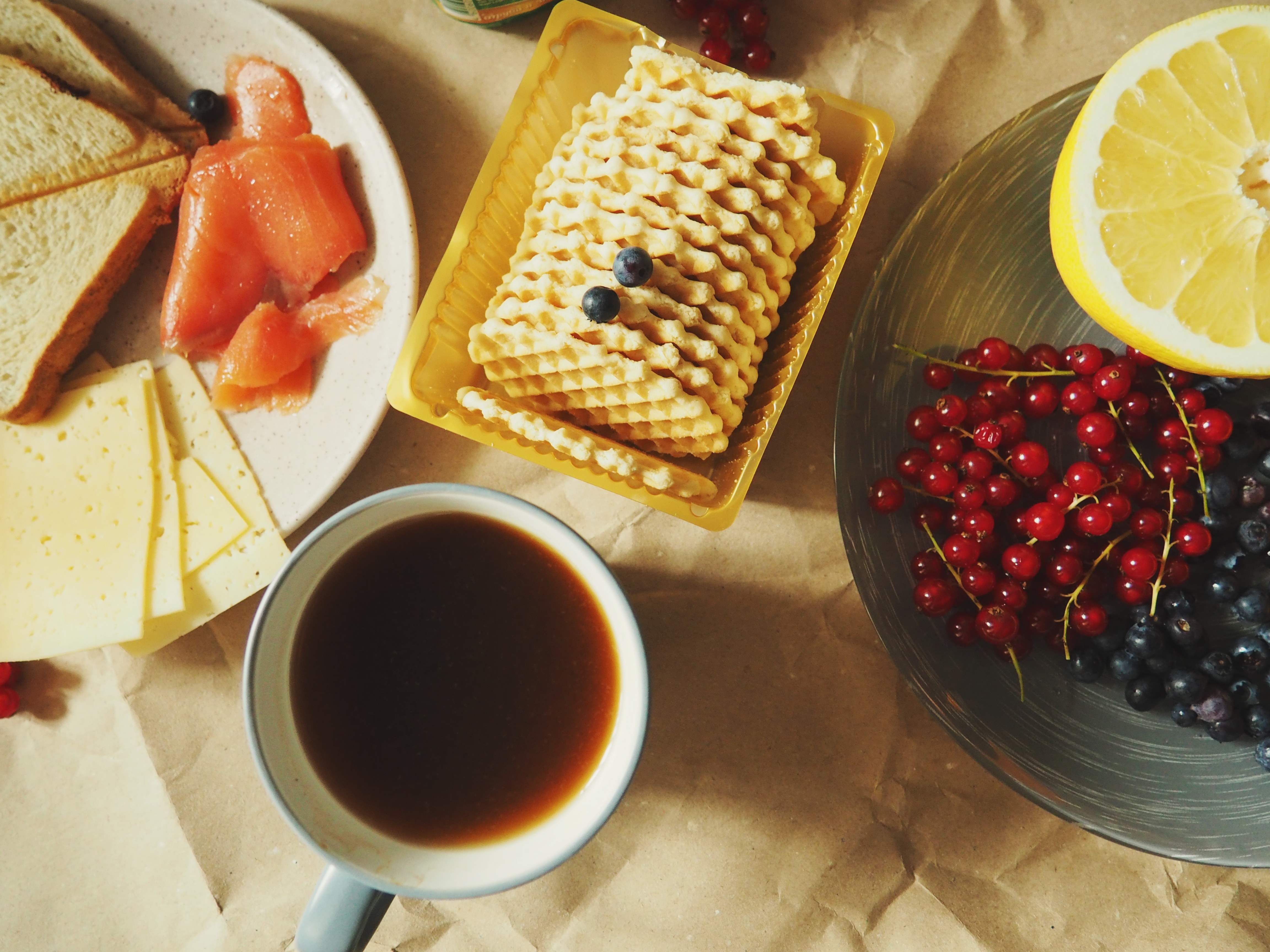 122606 download wallpaper food, cheese, waffles, currant, lemon, tea, fish screensavers and pictures for free
