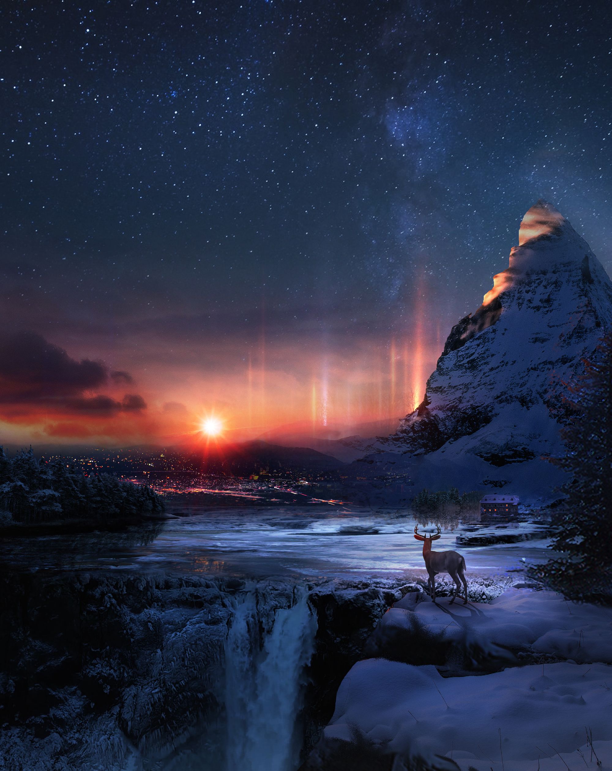 night, snow, art, deer, winter HD wallpaper