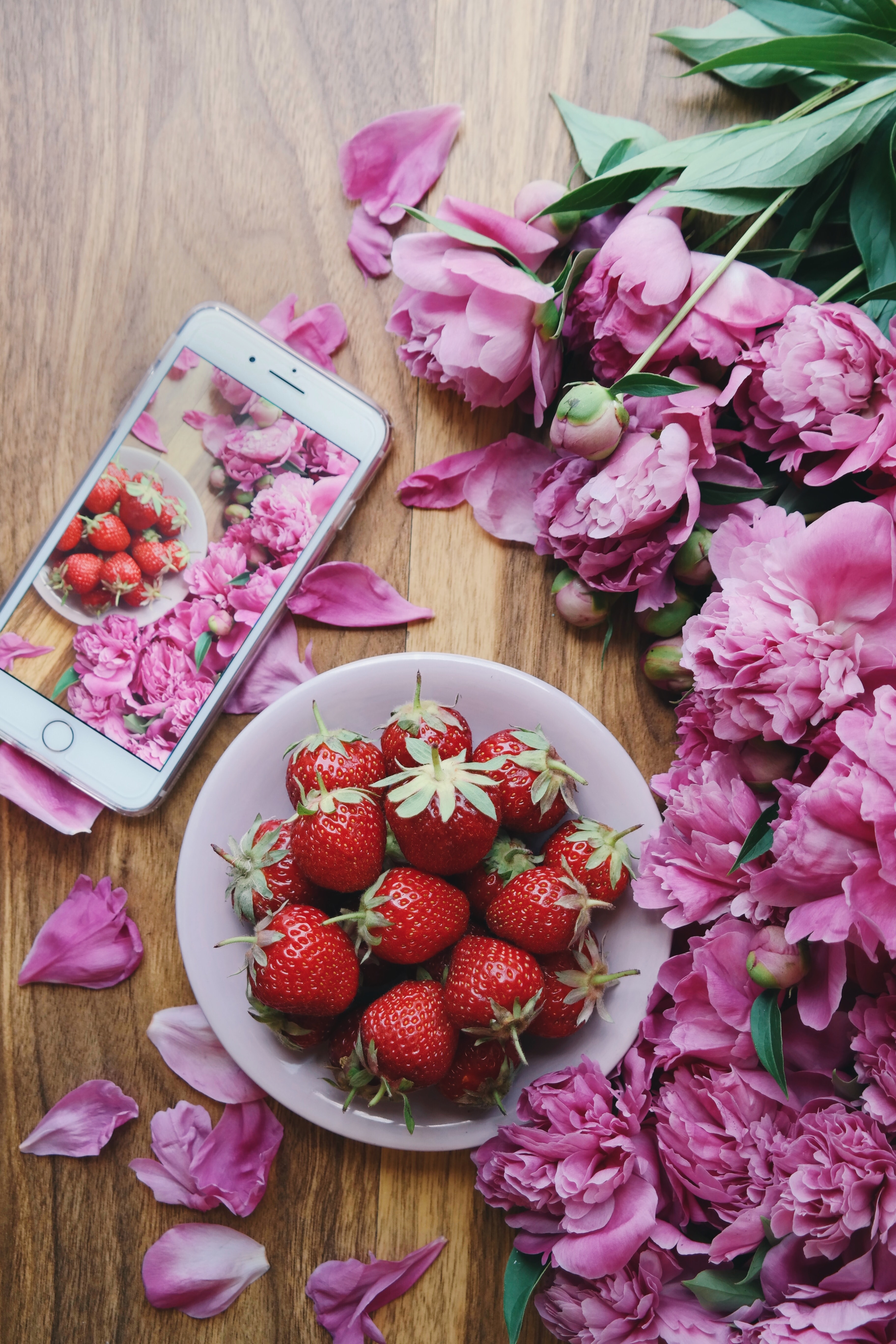 Handy-Wallpaper Blumen, Lebensmittel, Erdbeere, Pfingstrosen, Telefon kostenlos herunterladen.