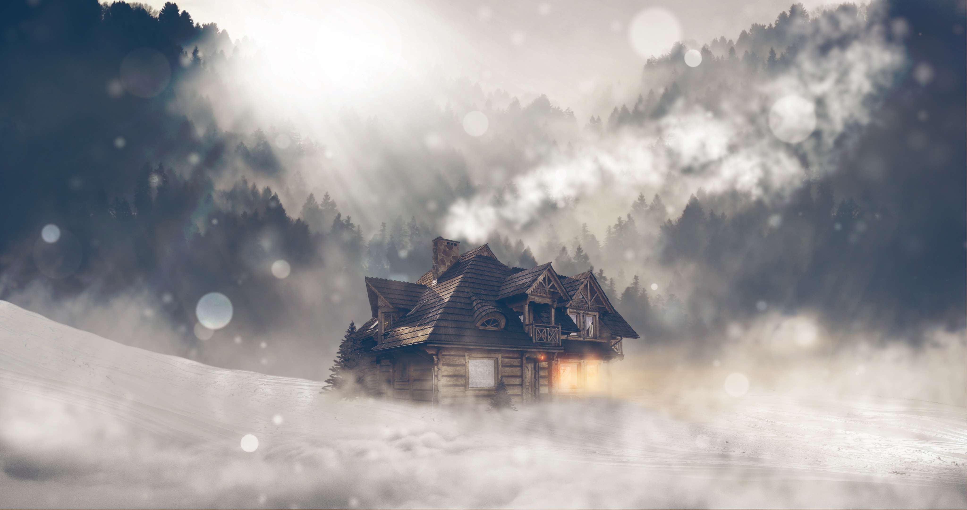 90280 download wallpaper art, glare, structure, house, photoshop, snowstorm screensavers and pictures for free