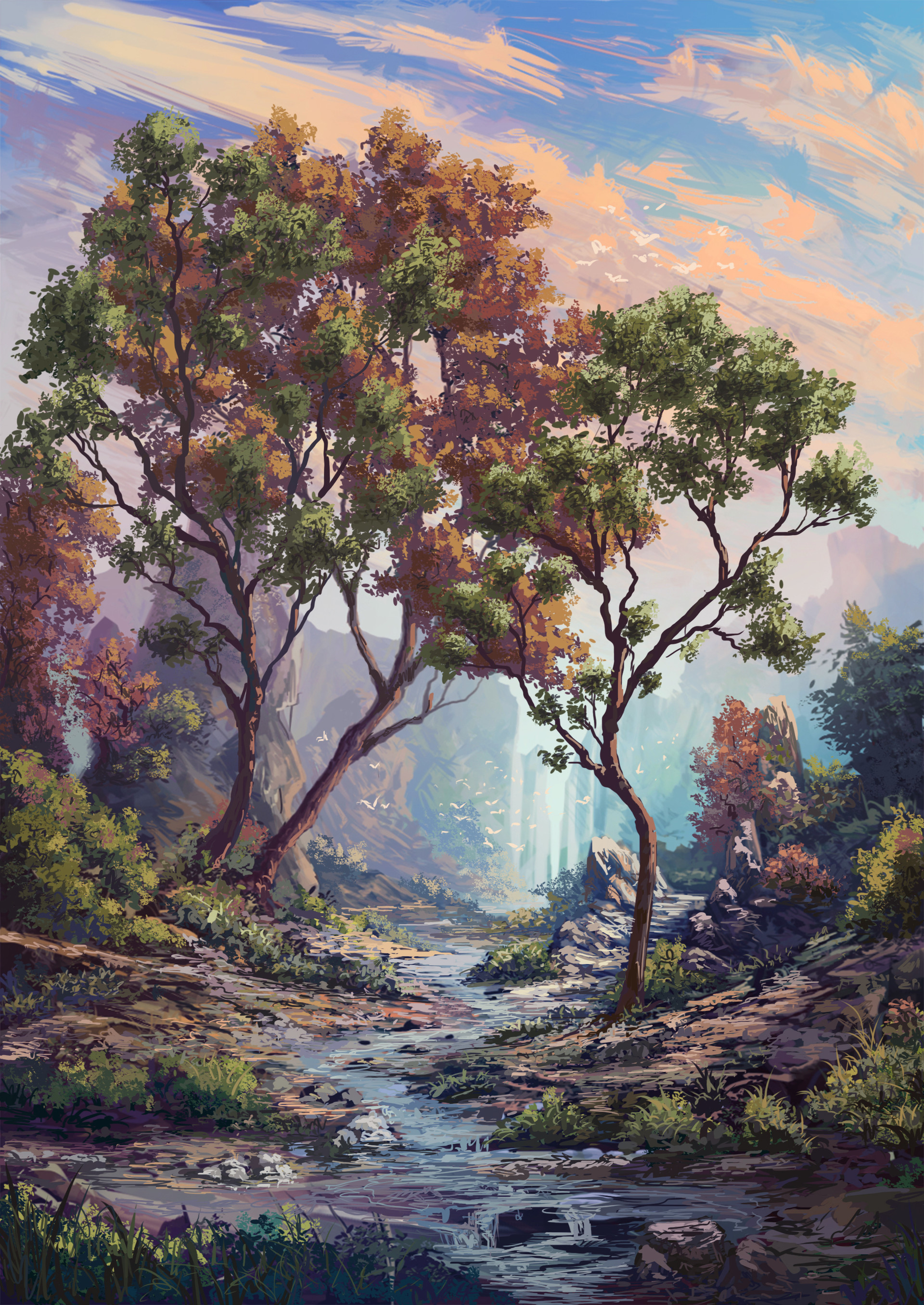 art, rivers, trees, bird HD wallpaper