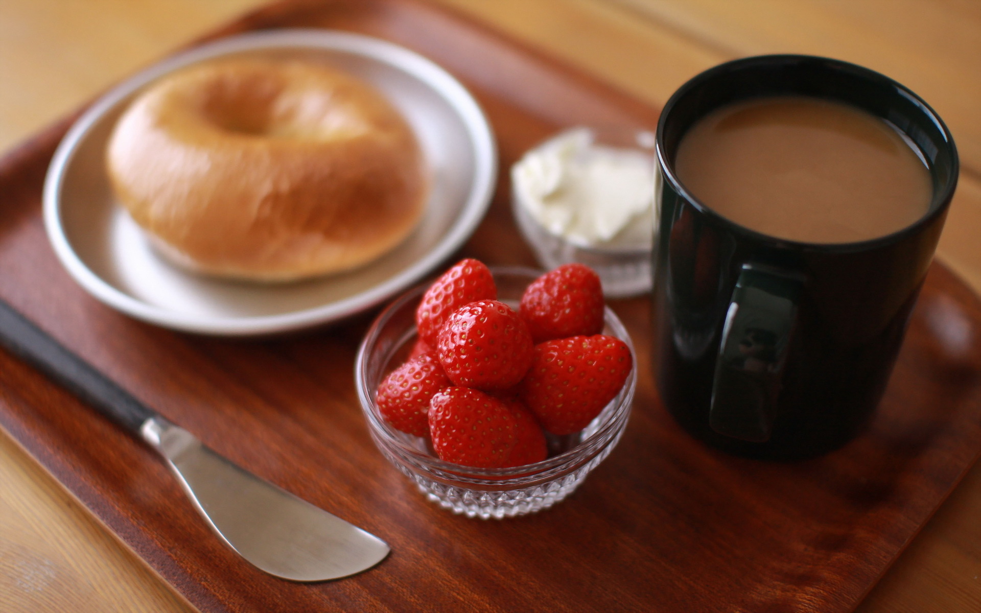 food, breakfast, bagel, coffee, mug, still life, strawberry