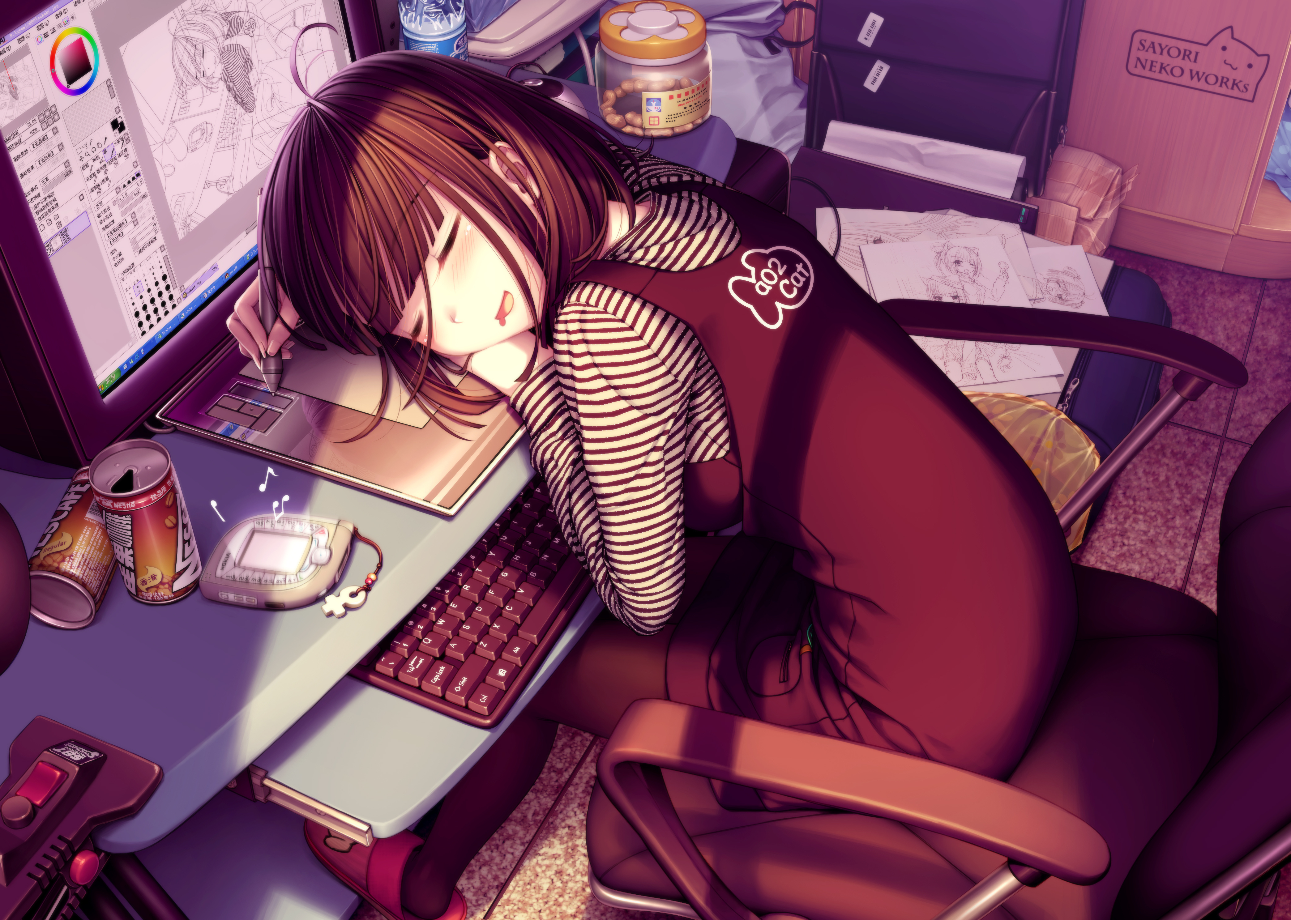 girl, anime, sleeping, brown hair, computer