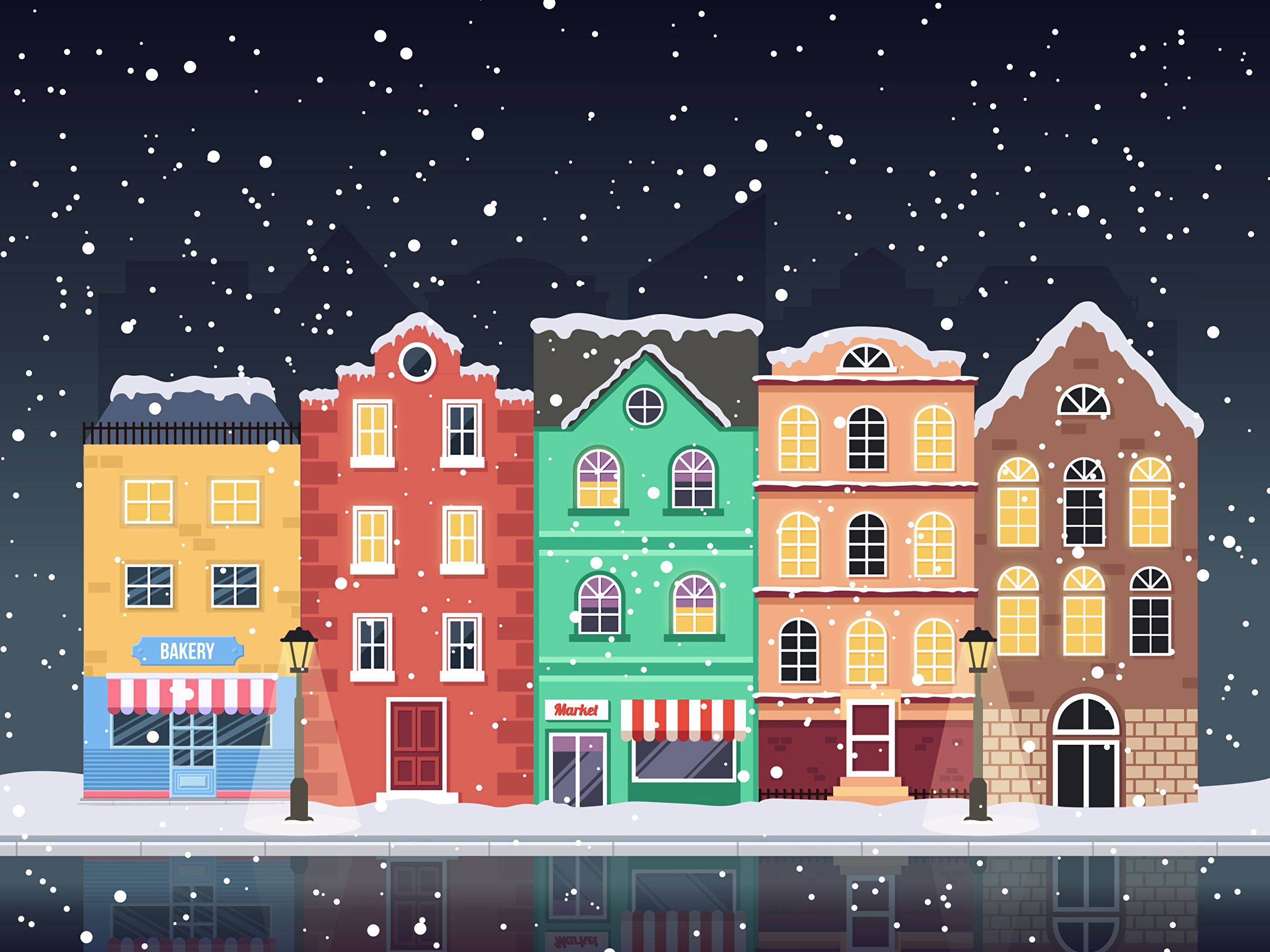snowfall, winter, houses, art