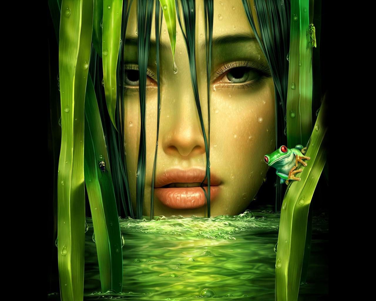 girl, fantasy, water, face, frog