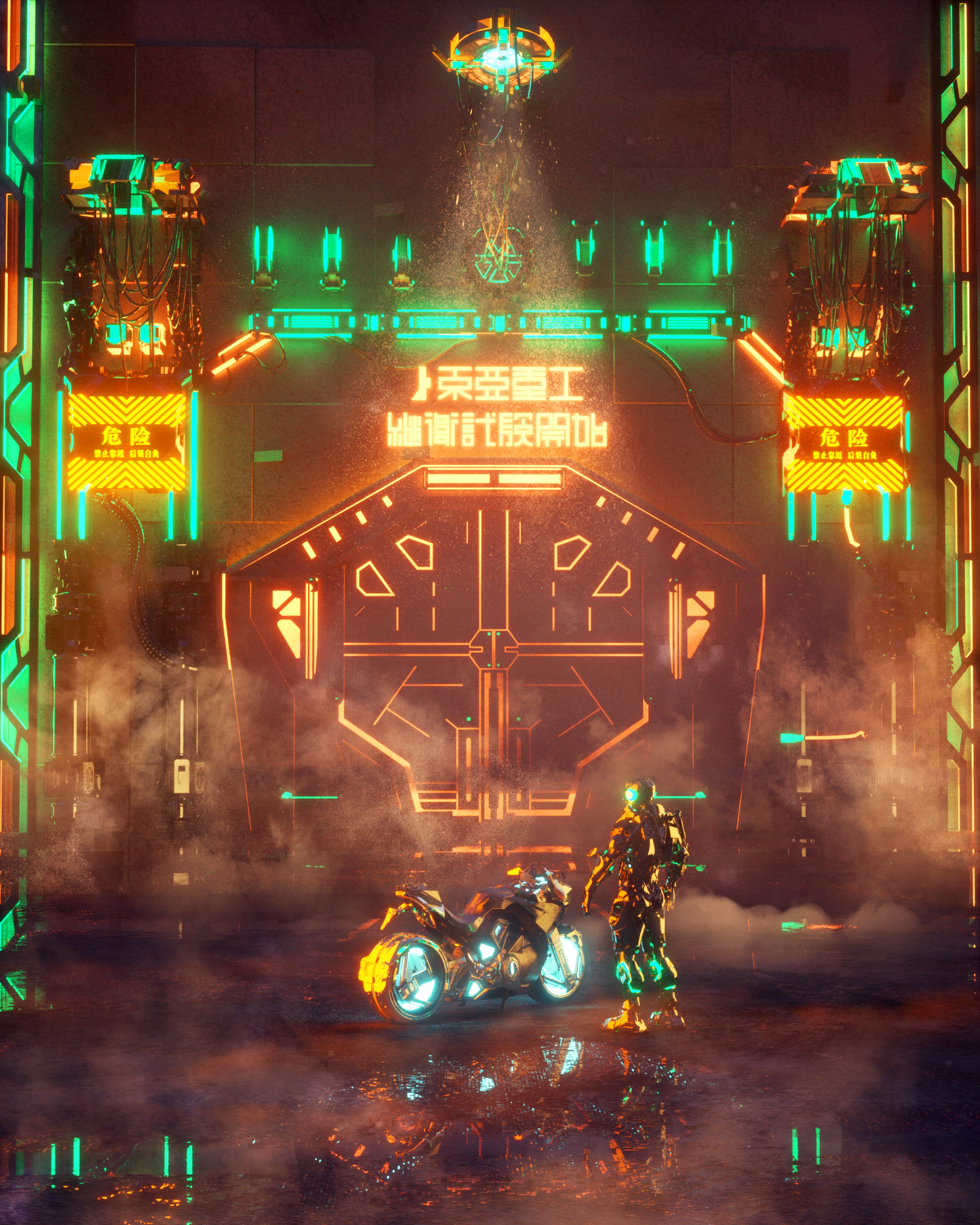 cyberpunk, neon, 3d, night, motorcycle, bike, cyborg for android