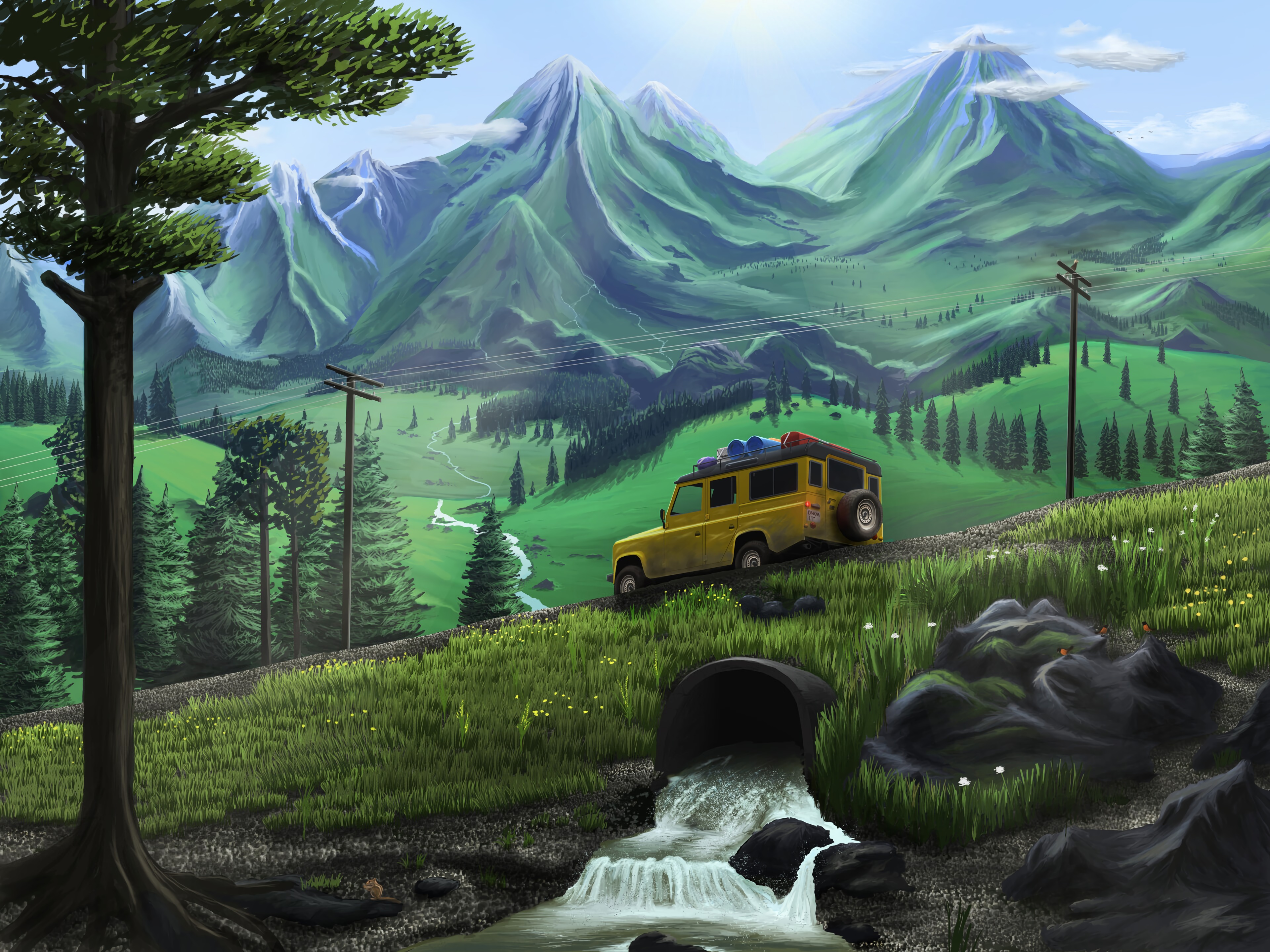 art, journey, mountains, jeep, slope