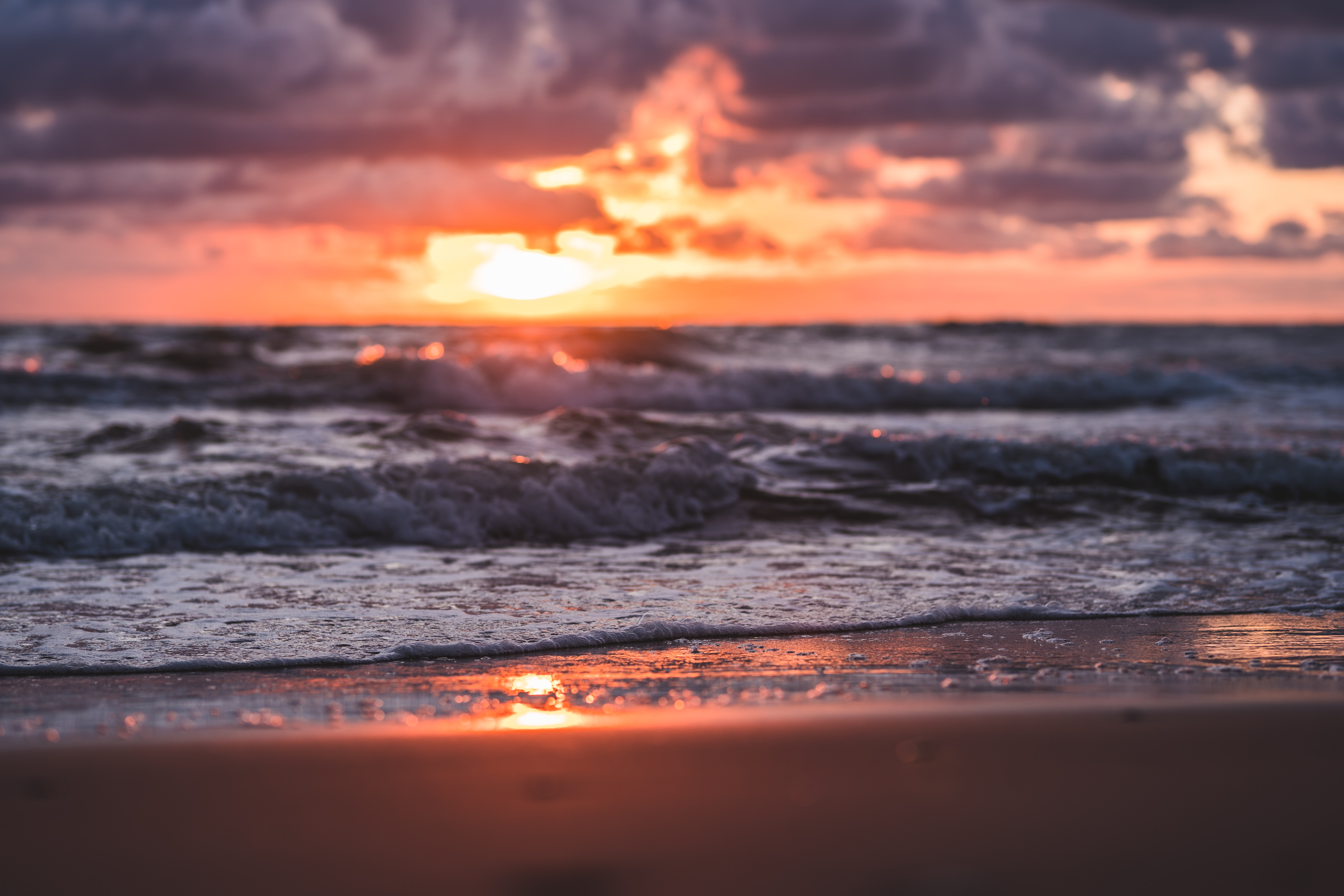 sunset, nature, sea, clouds, waves, beach 2160p