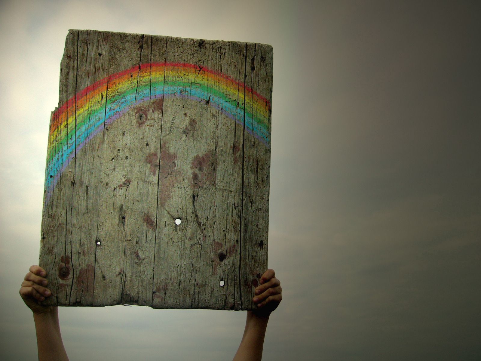 rainbow, miscellanea, miscellaneous, wood, wooden, picture, drawing, hands, nameplate, plate Full HD