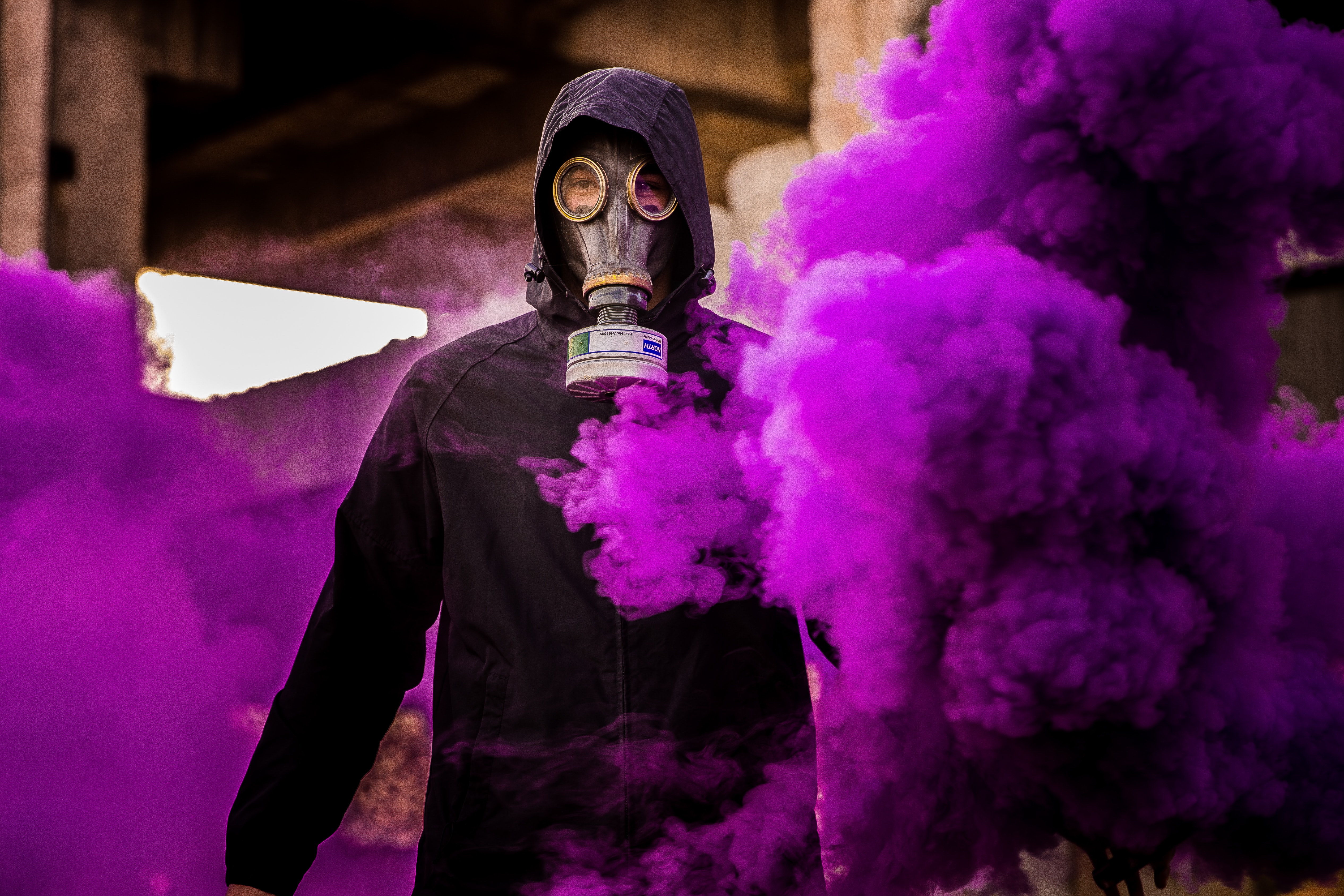 smoke, violet, miscellanea, miscellaneous, mask, gas mask, purple, human, person