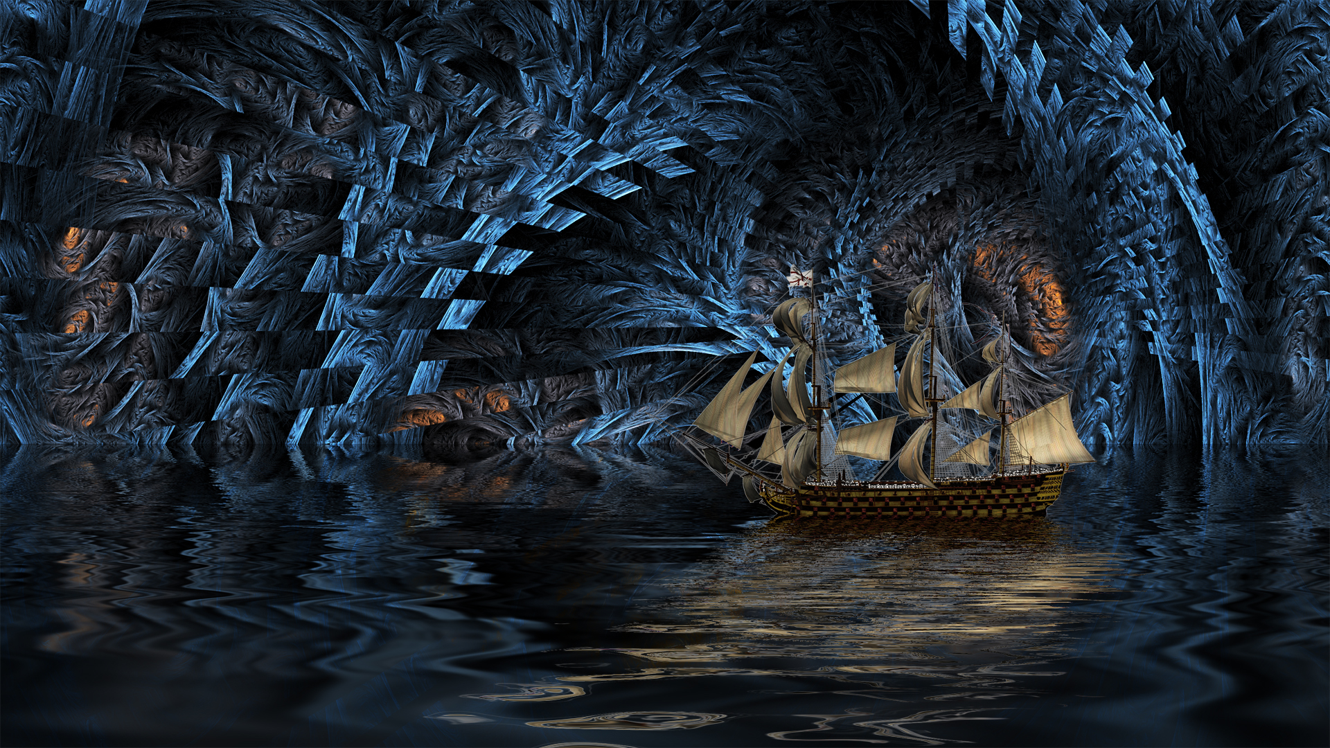 illusion, cave, ship, fantasy, boat, fractal, sailboat, water wallpaper for mobile