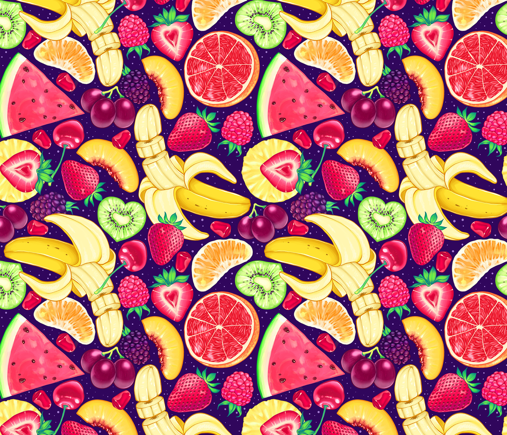 113527 download wallpaper bright, strawberry, art, cherry, grapes, kiwi, raspberry, blackberry, orange, pattern, watermelon, banana, appetizing, mango screensavers and pictures for free