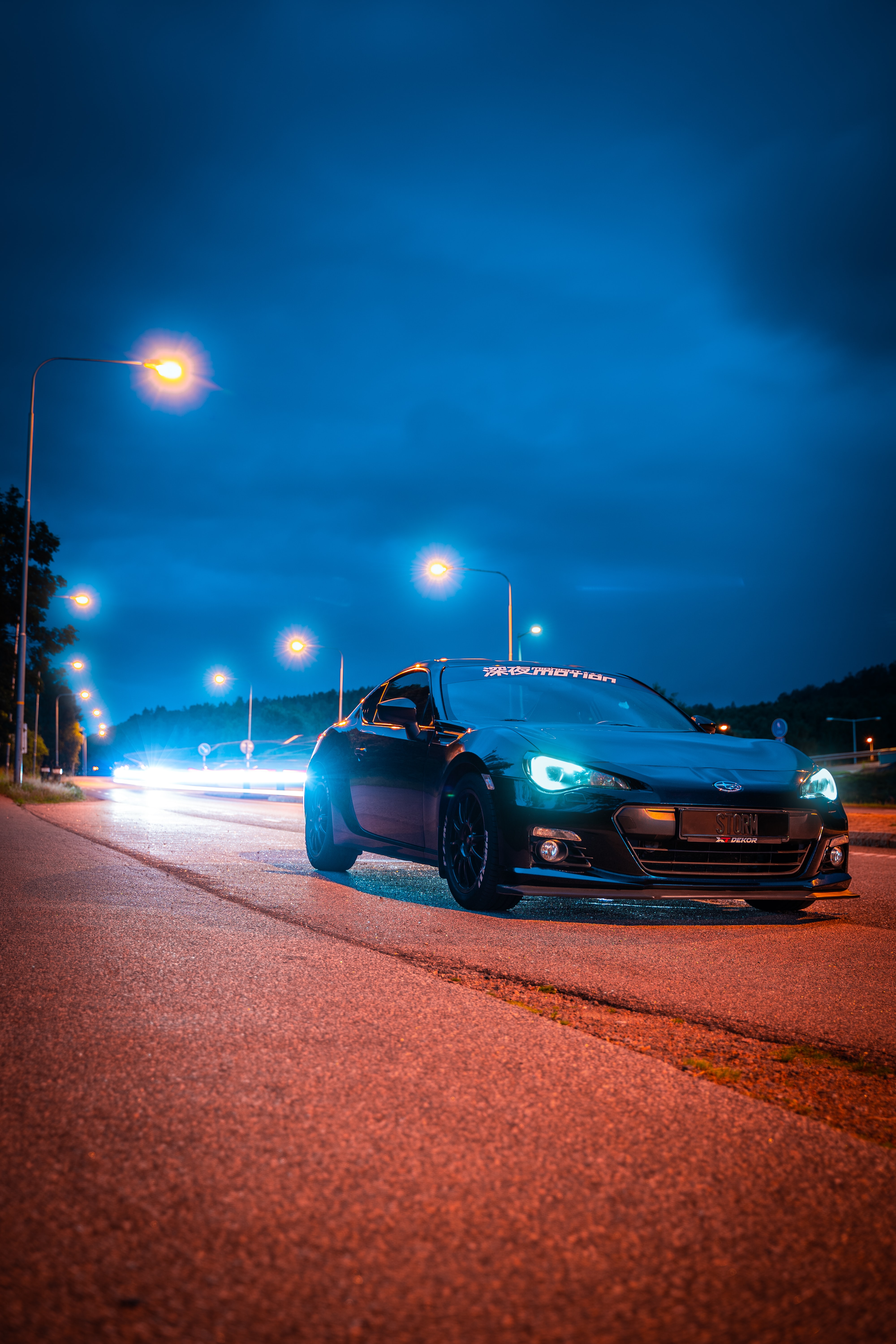 cars, night, subaru, black, lights, road, car High Definition image