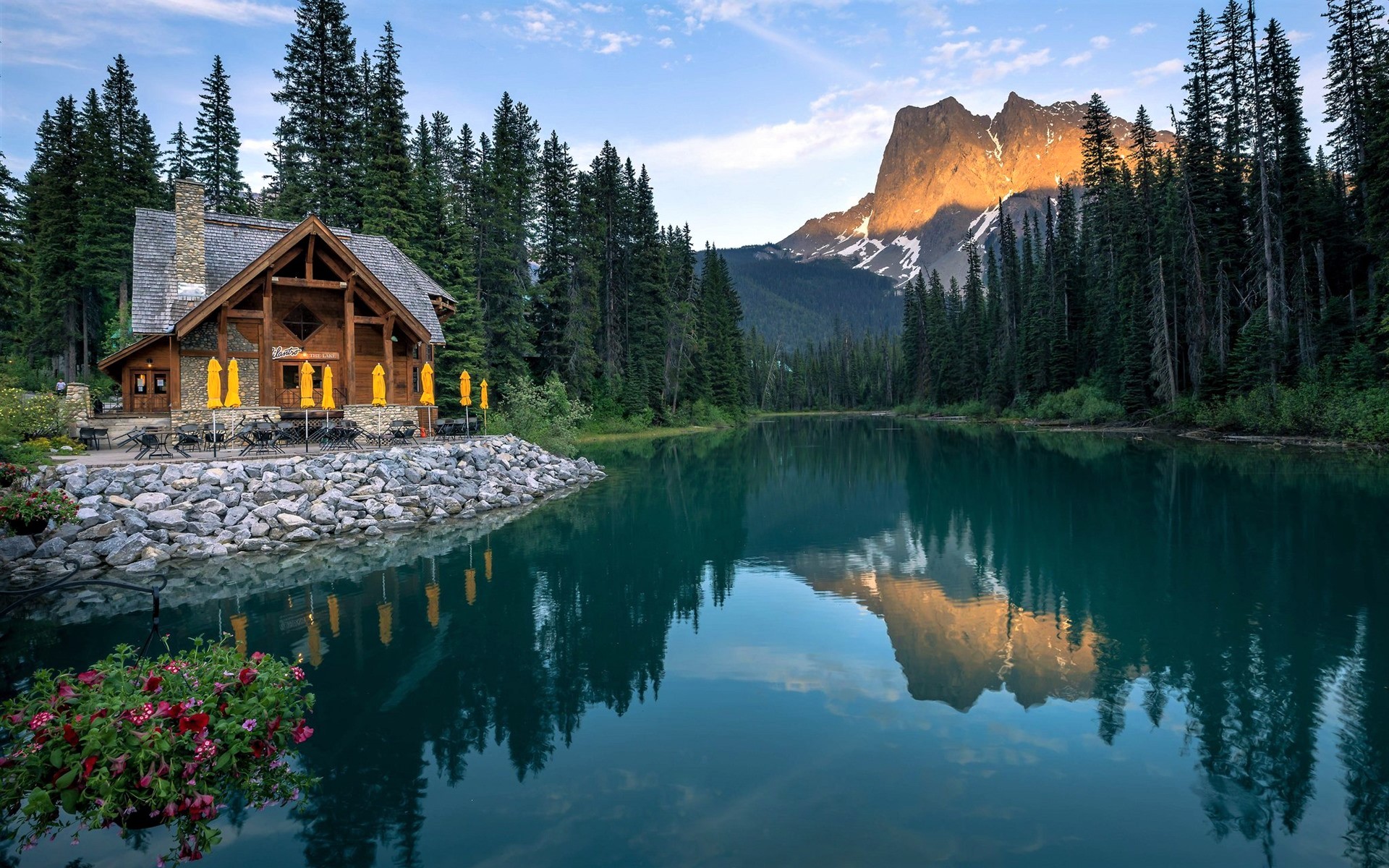 man made, cabin, lake, mountain, restaurant, tree, wooden Full HD