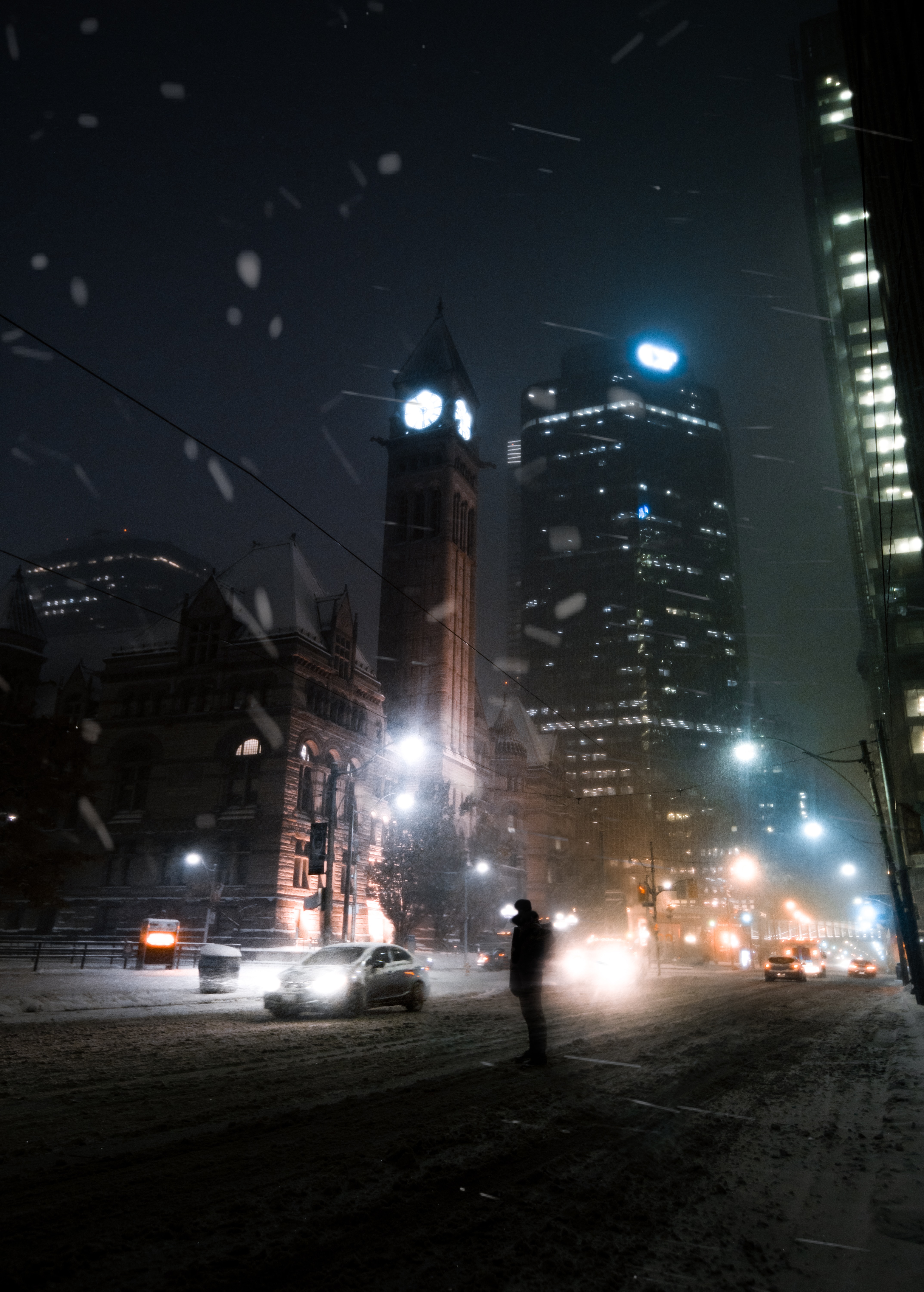 dark, silhouette, night city, city lights, street, snowfall High Definition image