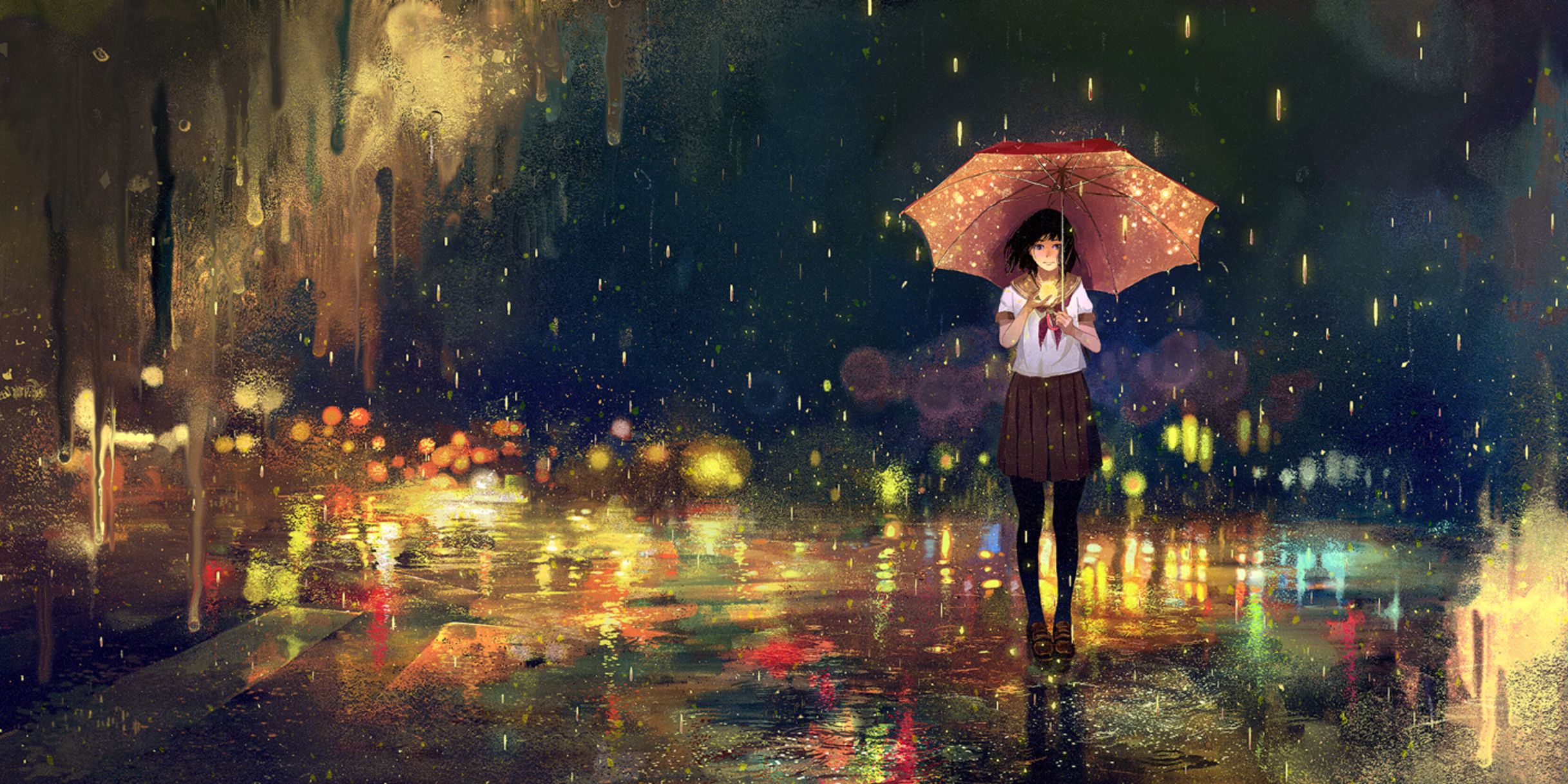 HD desktop wallpaper: Anime, Rain, Light, Umbrella, Original download free  picture #851391