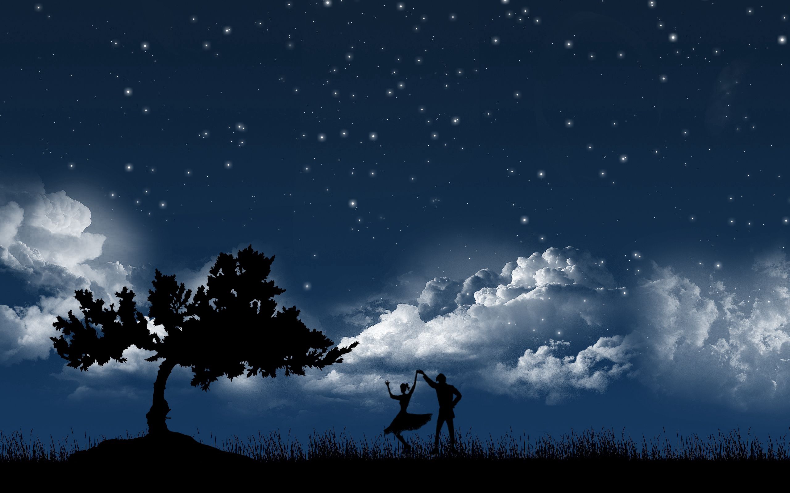 silhouettes, couple, sky, stars, night, clouds, dance, vector, wood, pair, tree wallpapers for tablet