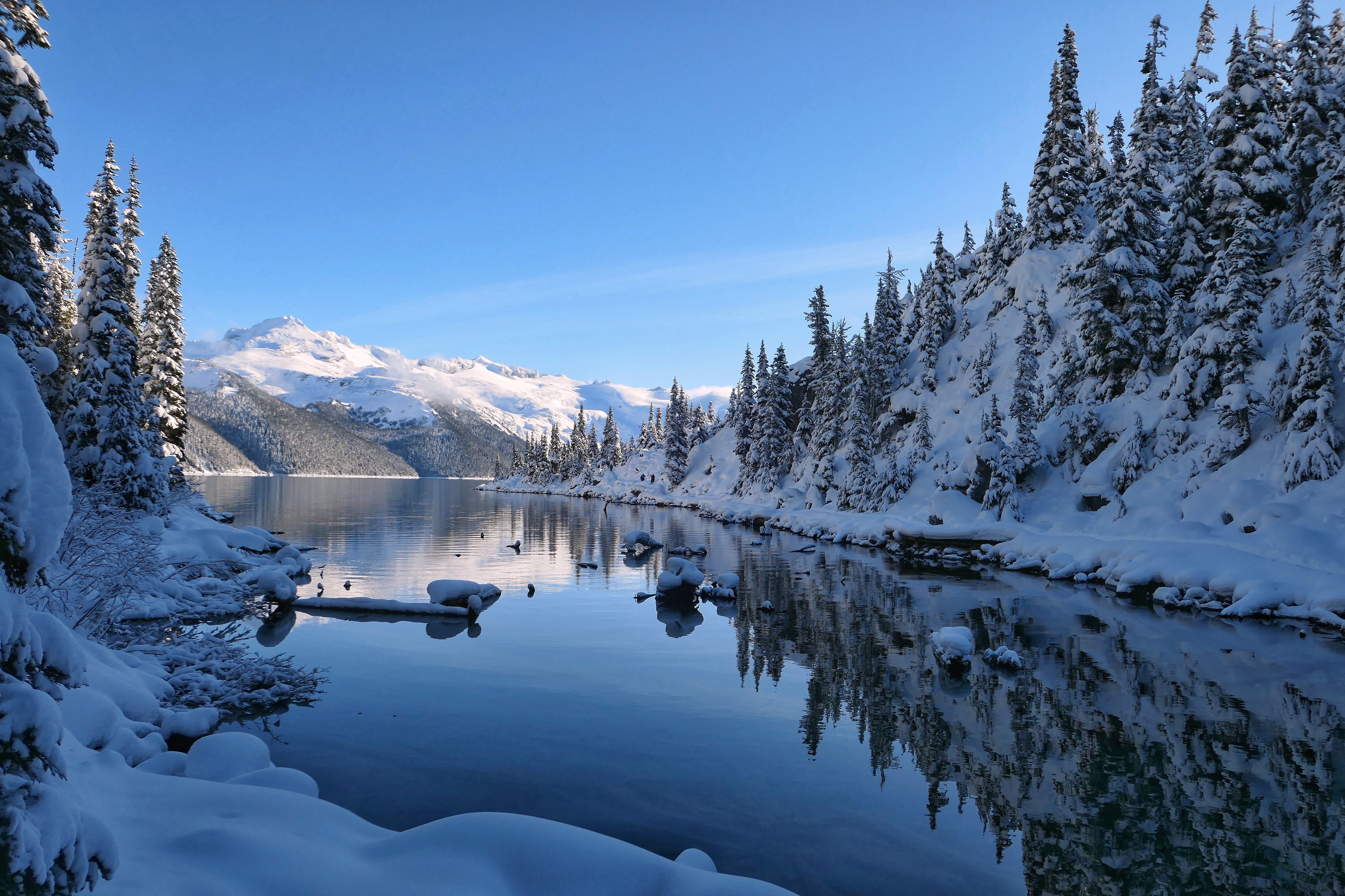 snow, nature, winter, mountain, lake, shore, bank