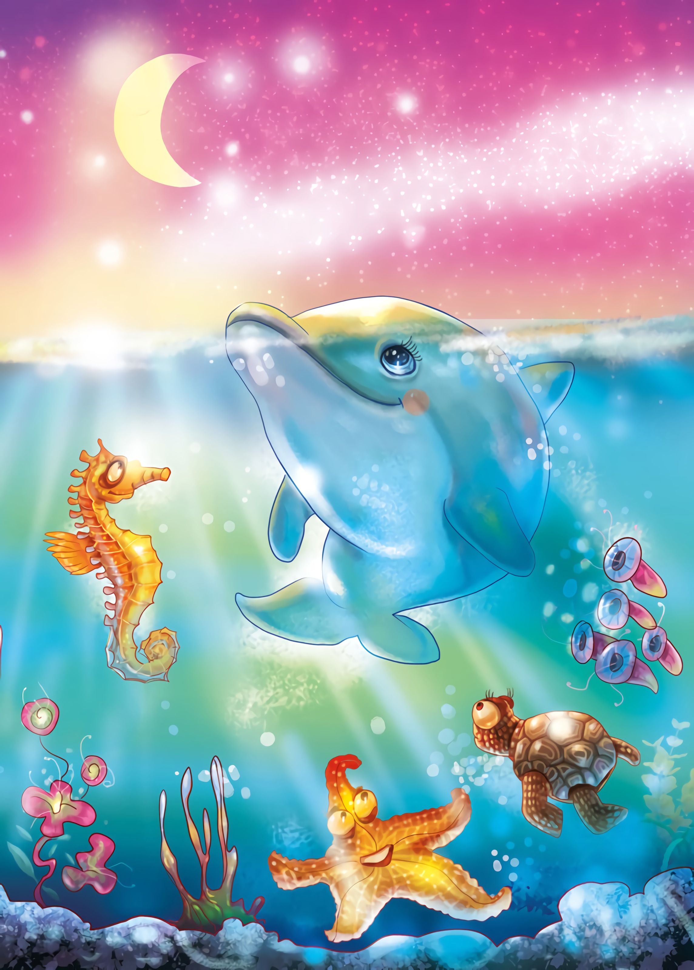 149153 скачать обои дельфин, арт, море, луна, под водой - заставки и картинки бесплатно