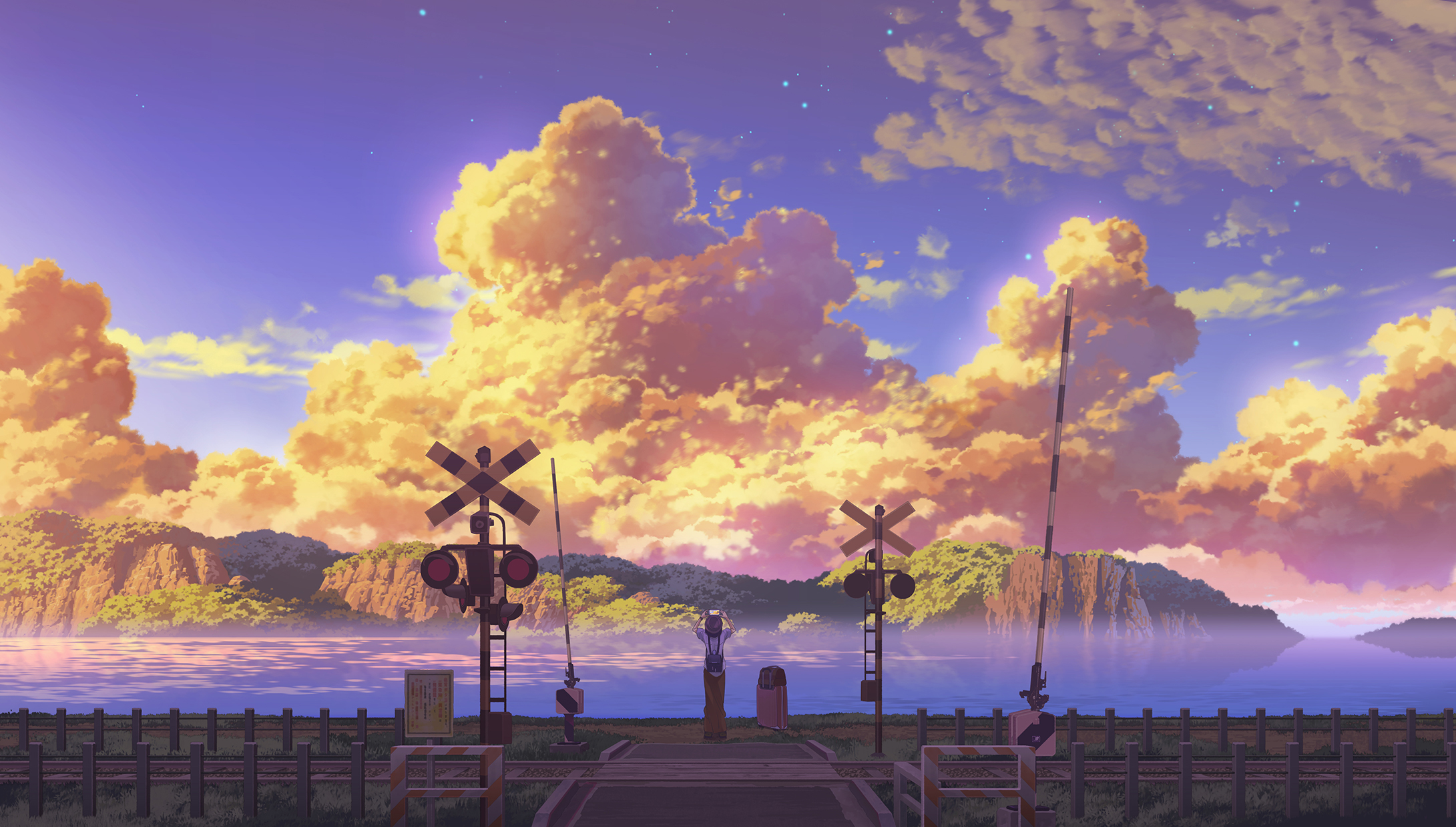 HD desktop wallpaper: Anime, Sunset, Sky, Sea, Stars, Earth, Cloud,  Railroad, Scenery download free picture #900320