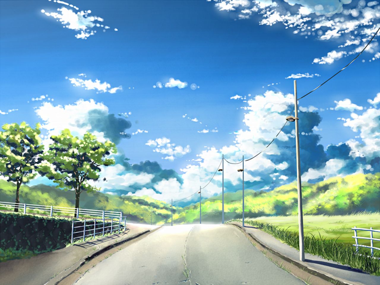HD desktop wallpaper: Anime, Landscape, Grass, Sky, Sun, Road, Cloud  download free picture #1496623