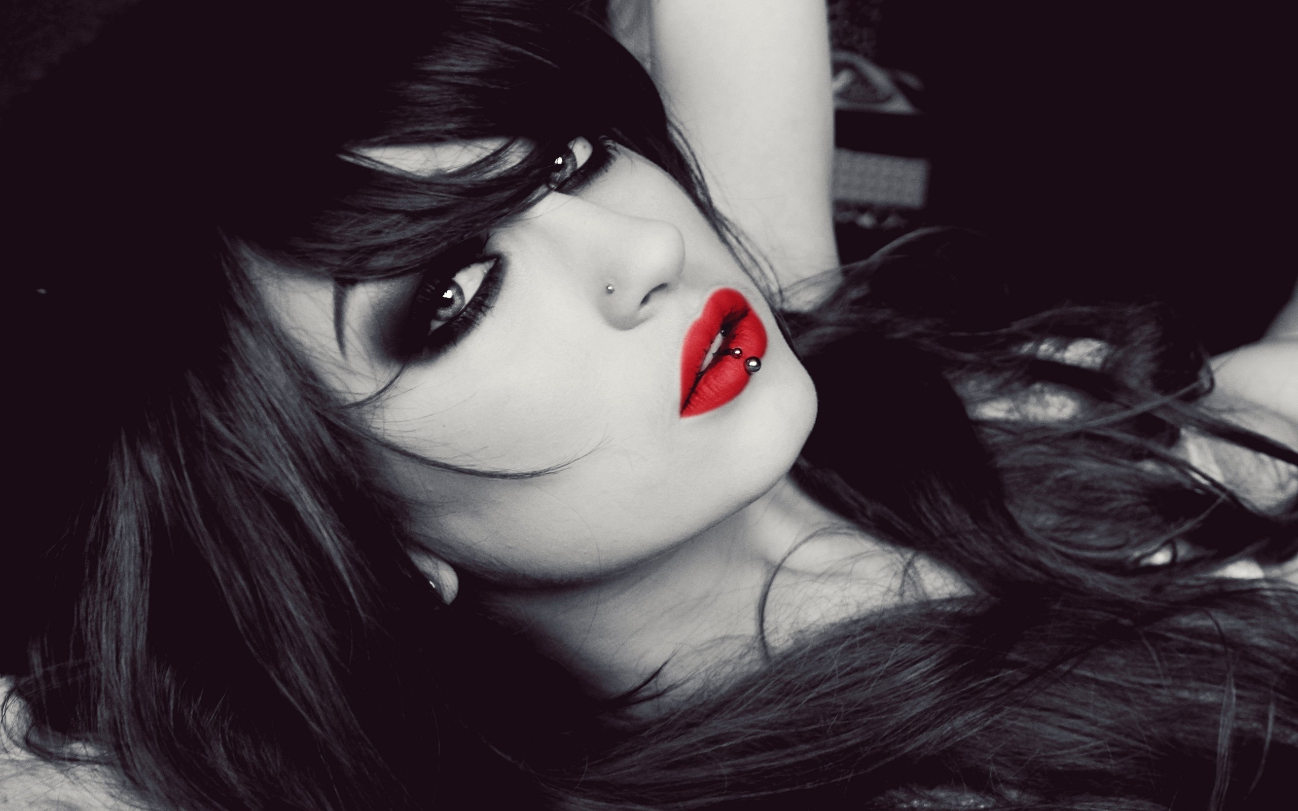 women, mood, face, black hair, lipstick, piercing HD wallpaper