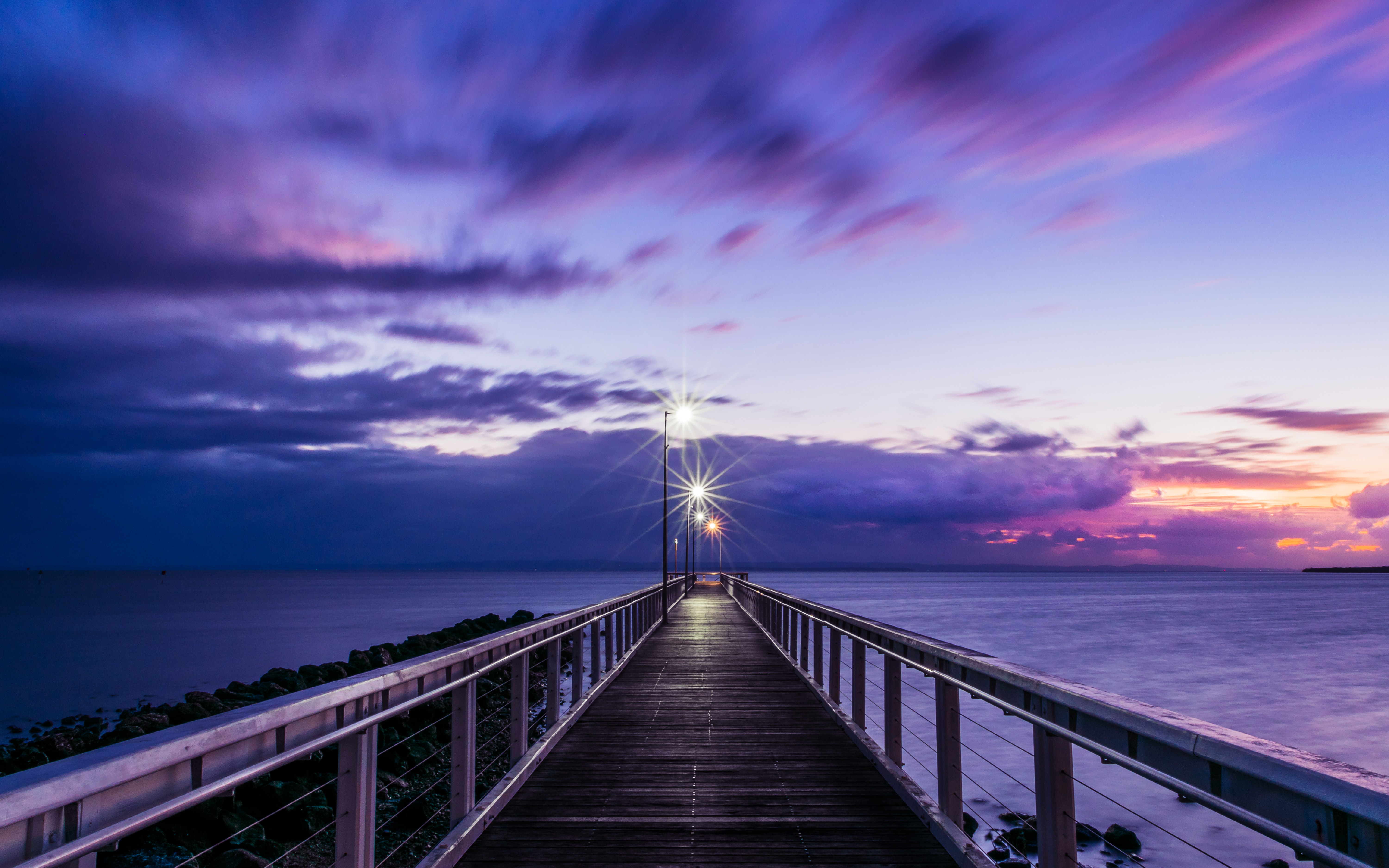 65334 Hintergrundbild herunterladen natur, sunset, sea, clouds, horizont, seebrücke, pier, lila - Bildschirmschoner und Bilder kostenlos