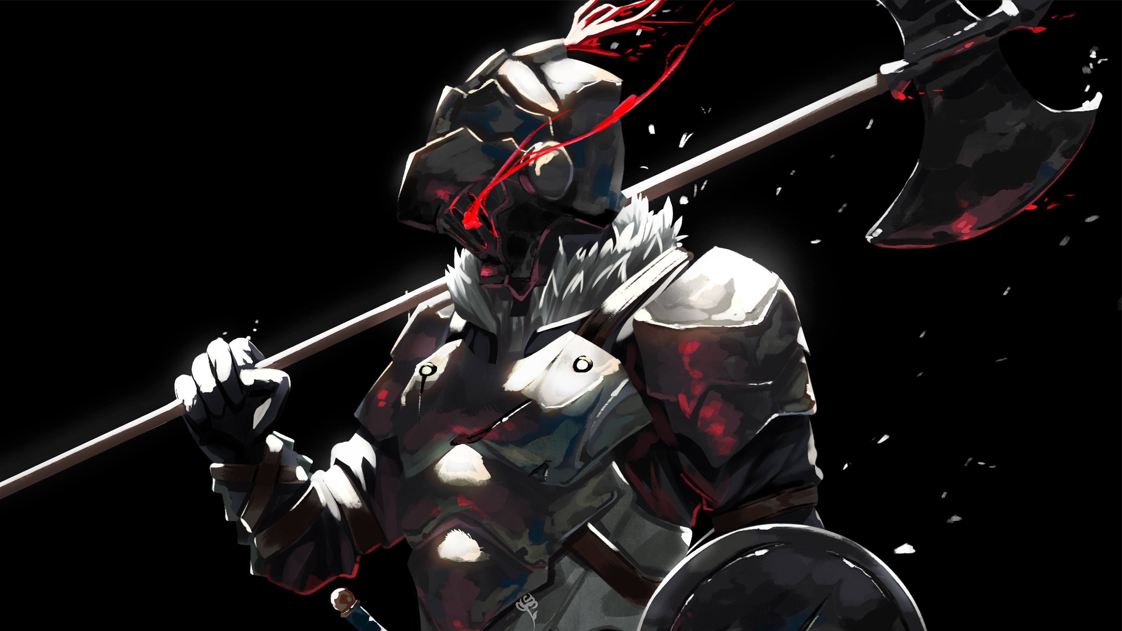 anime, goblin slayer, armor, axe, blood, helmet, weapon wallpapers for tablet