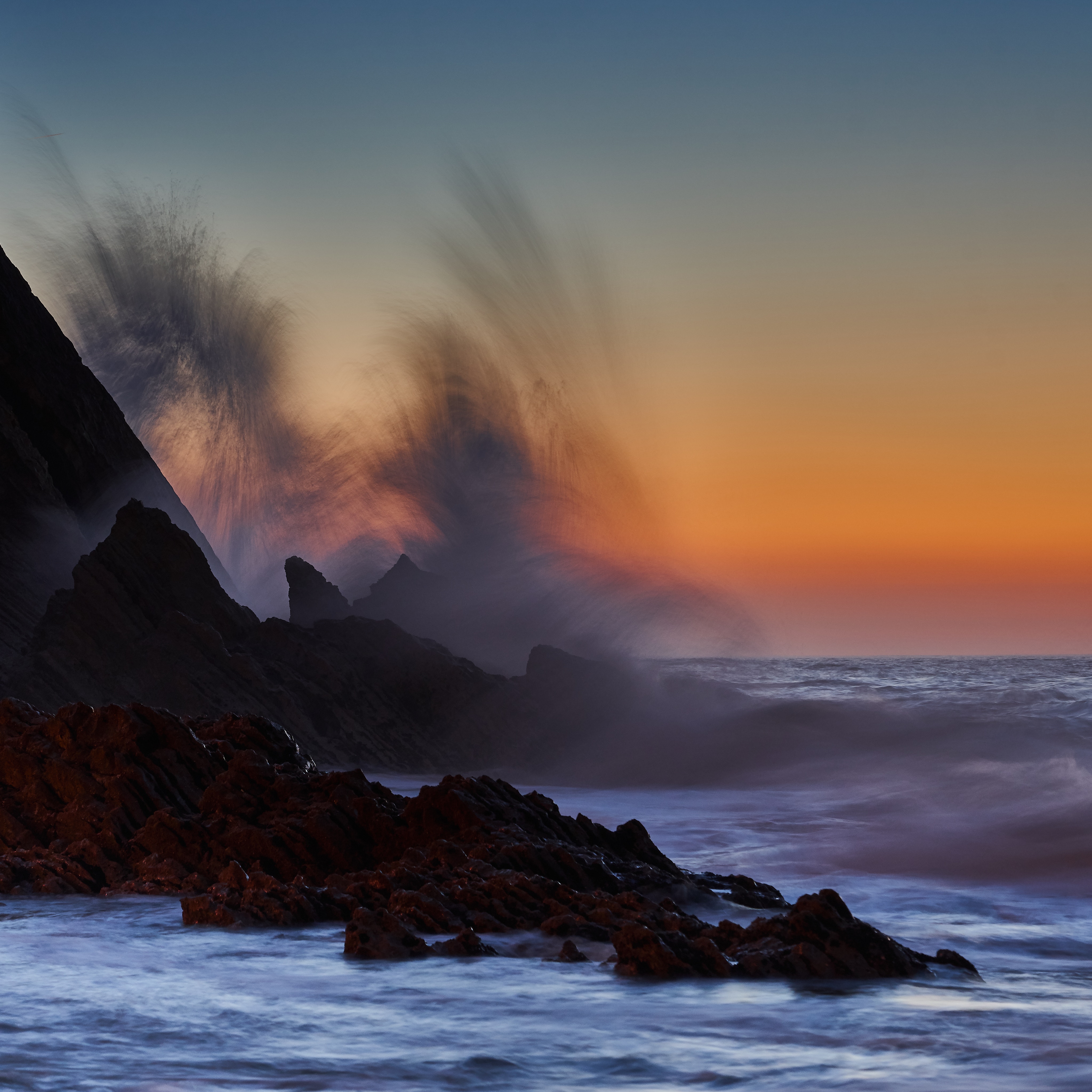 sunset, rocks, sea, waves HD Mobile