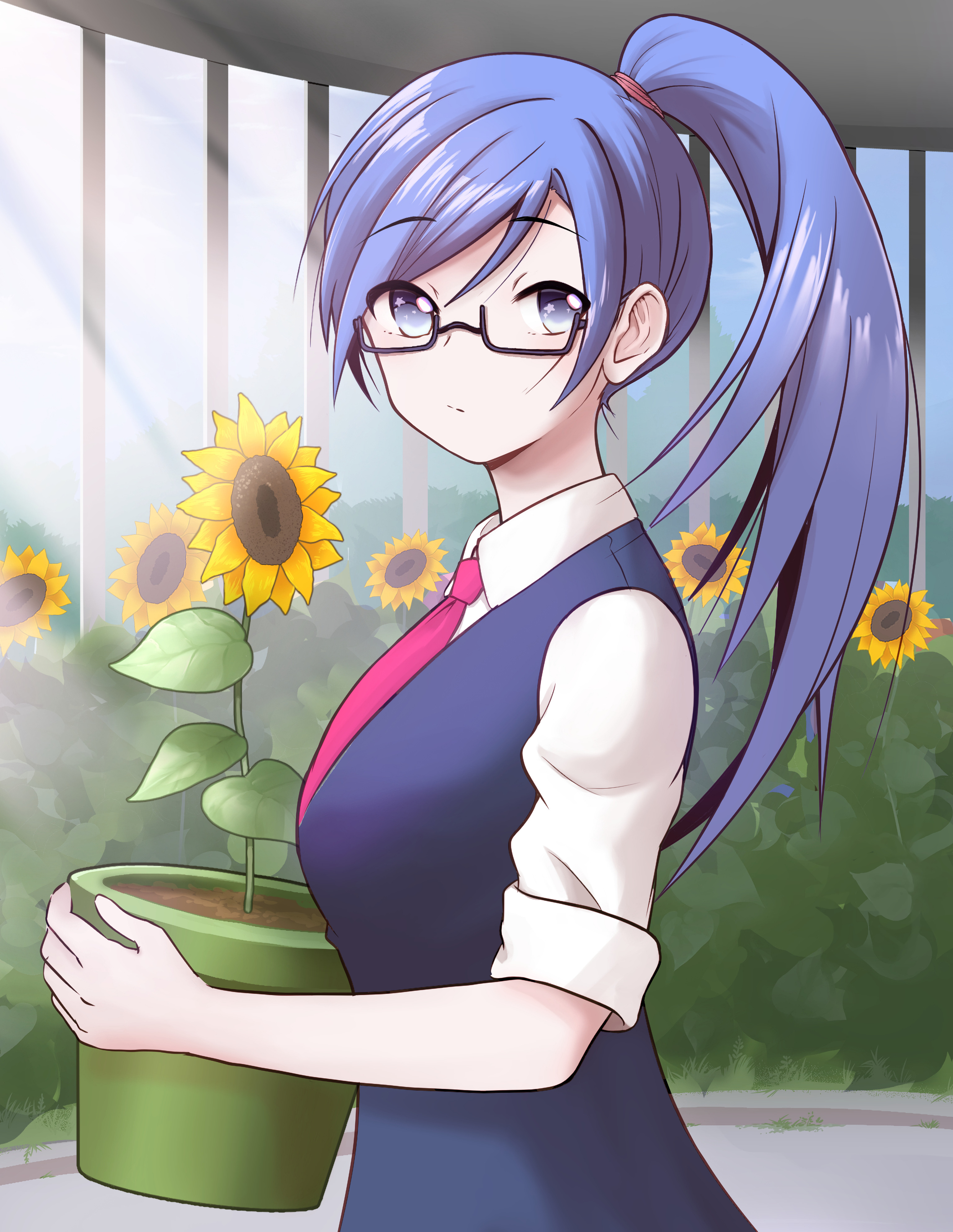 Laden Sie das Anime, Blumen, Mädchen, Sonnenblumen, Brille-Bild kostenlos auf Ihren PC-Desktop herunter