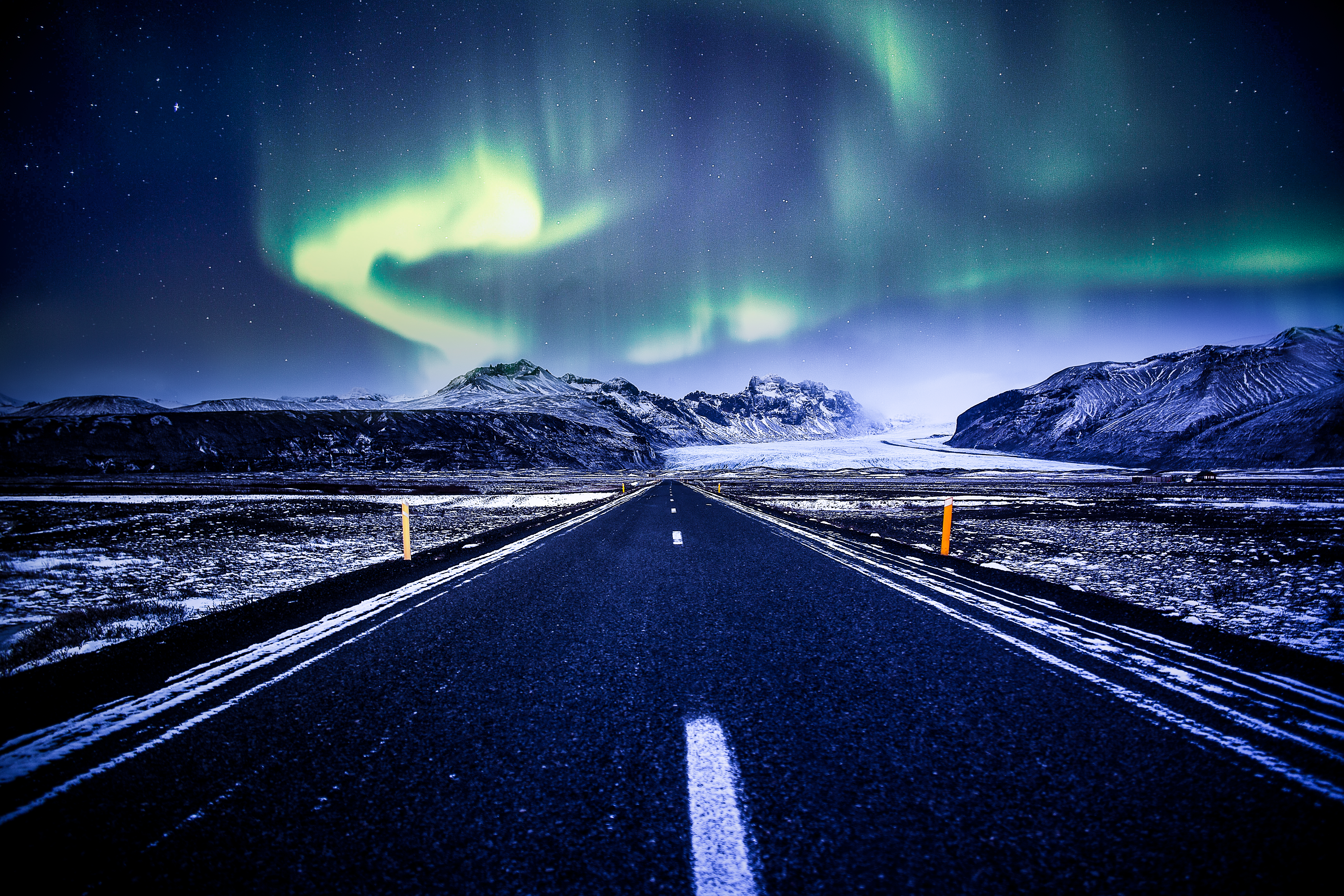 northern lights, road, nature, mountains, snow, markup, aurora borealis, aurora