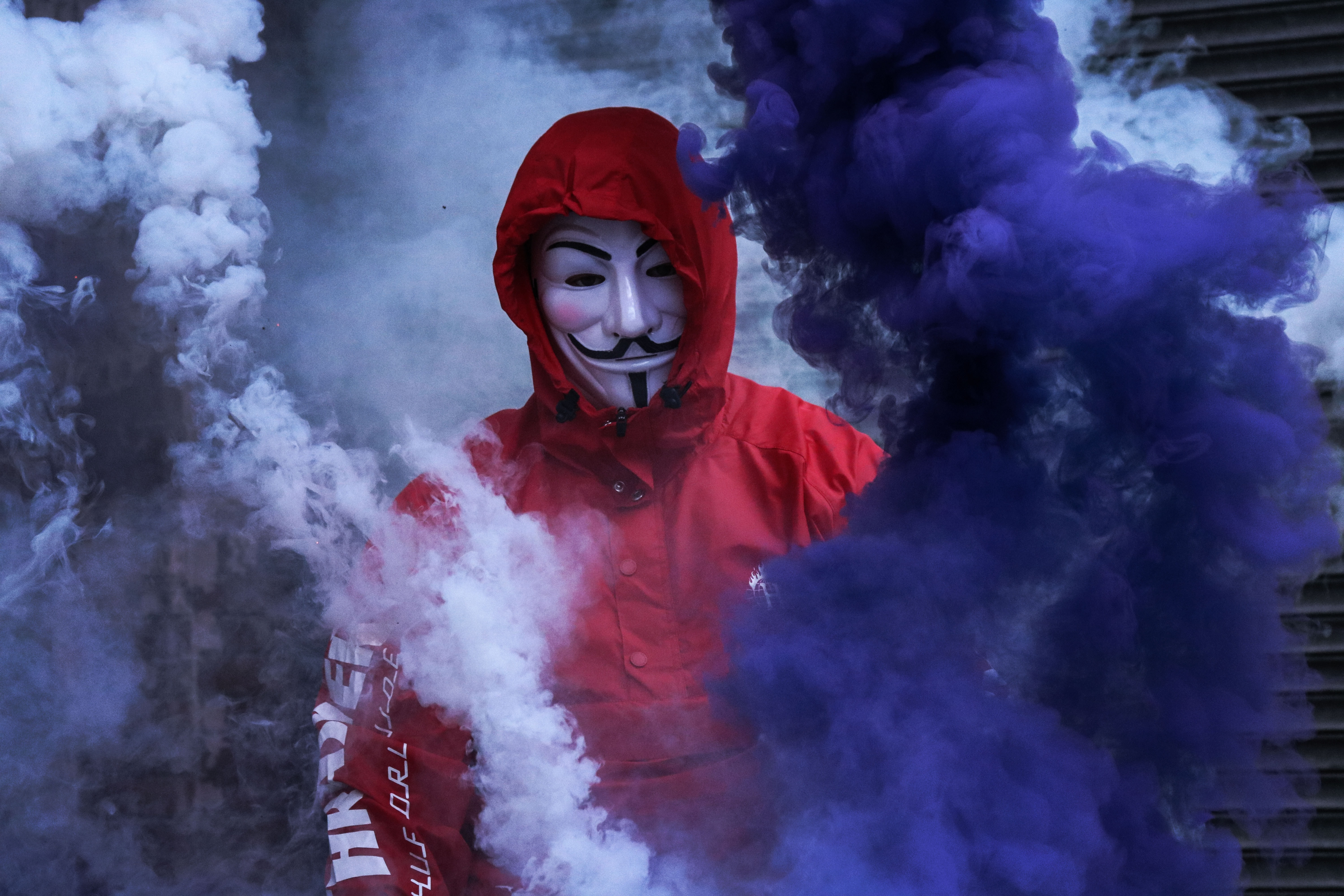 79524 download wallpaper anonymous, smoke, miscellanea, miscellaneous, mask, smoke bomb screensavers and pictures for free