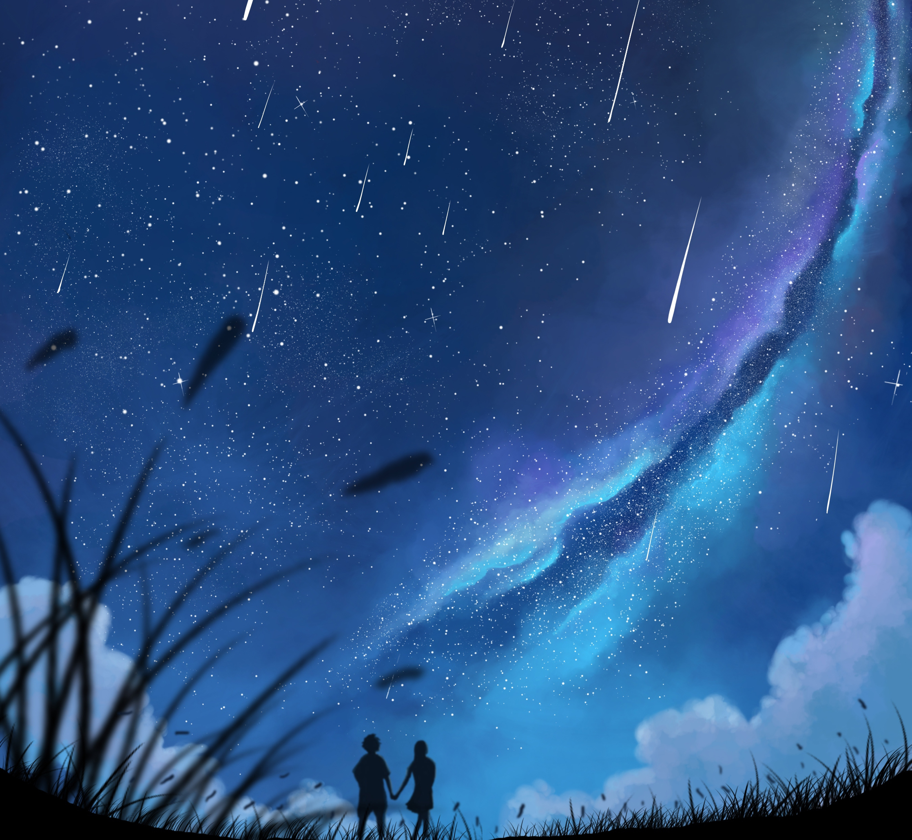 silhouettes, couple, grass, art, stars, pair Phone Background