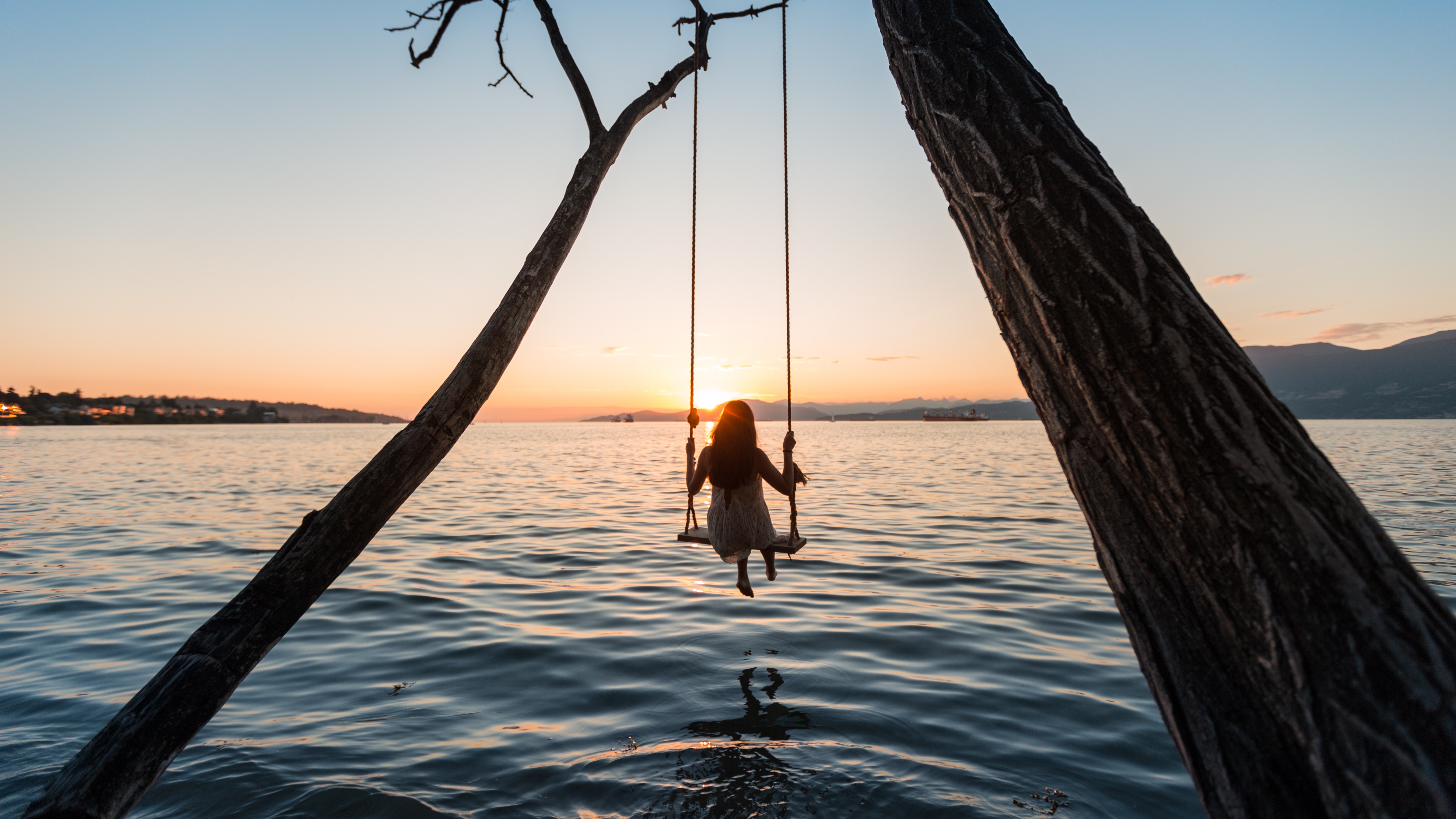 girl, nature, rivers, sunset, lake, swing lock screen backgrounds