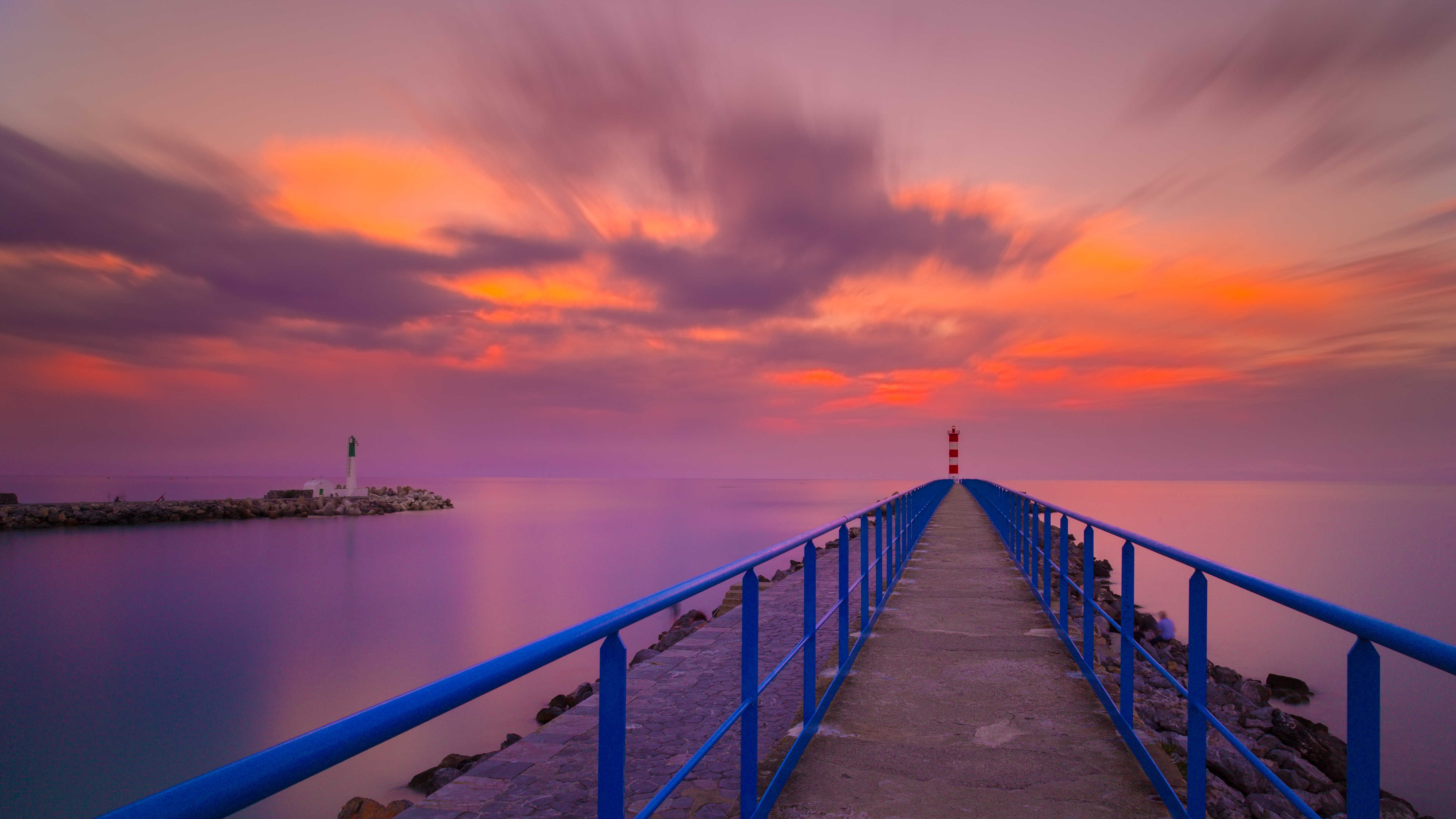 sea, sunset, nature, horizon, pier, france, lighthouse, port la nouvelle, port la nouvel HD wallpaper