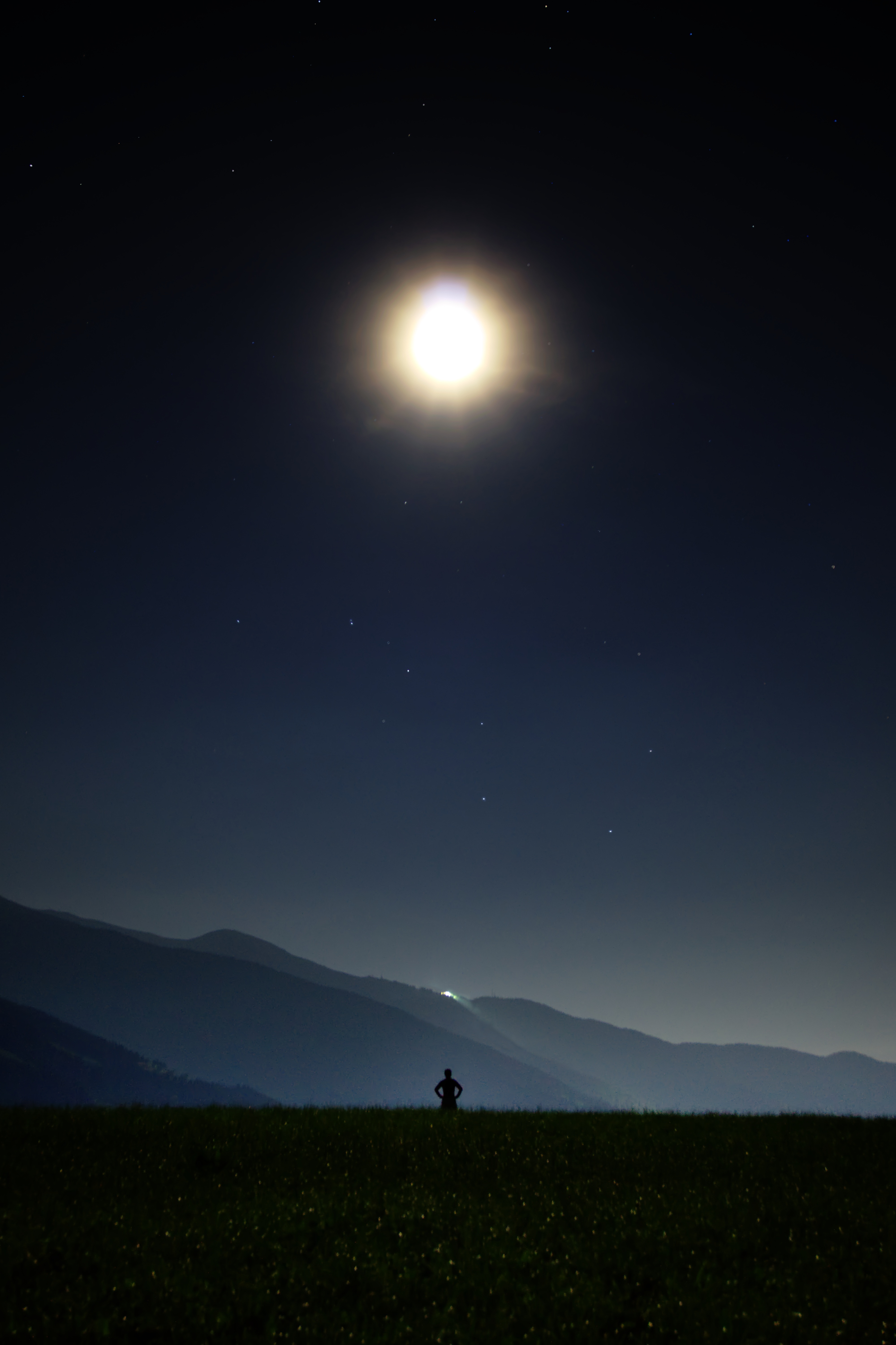 115742 download wallpaper human, dark, sky, stars, night, silhouette, field, person screensavers and pictures for free