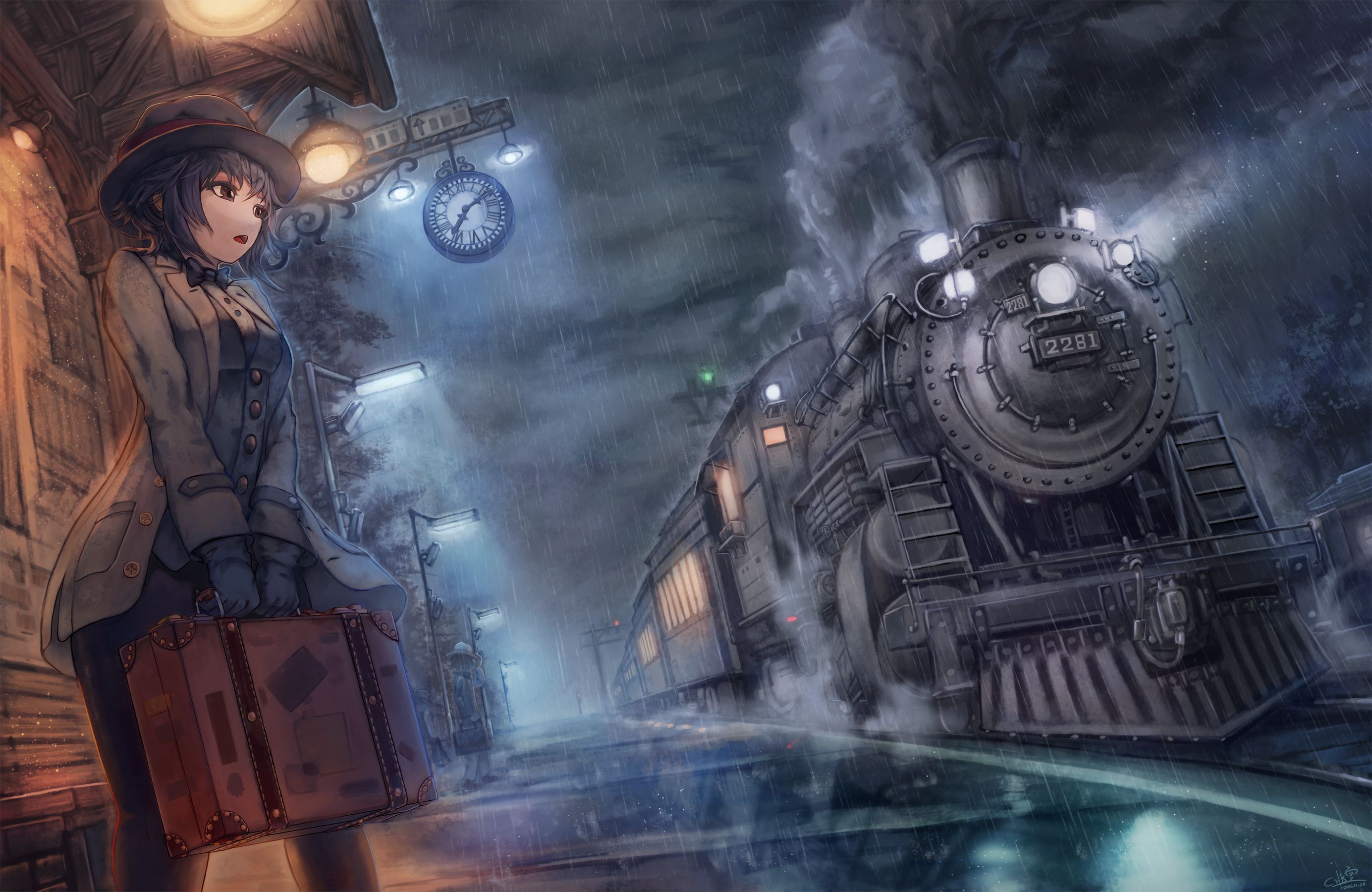 HD desktop wallpaper: Anime, Rain, Clock, Hat, Train, Coat, Train Station  download free picture #799643
