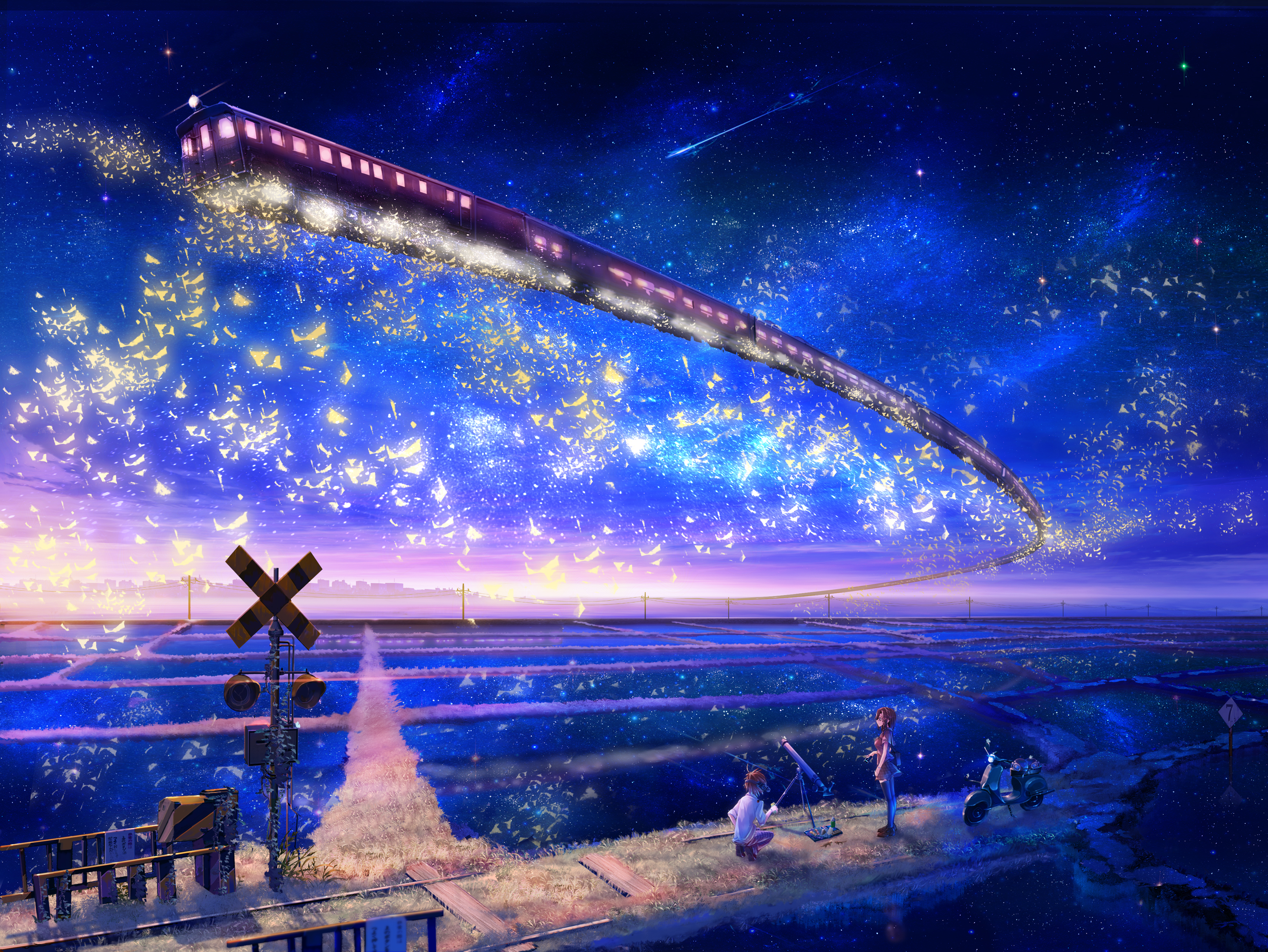 landscape, night, anime, train, stars HD wallpaper