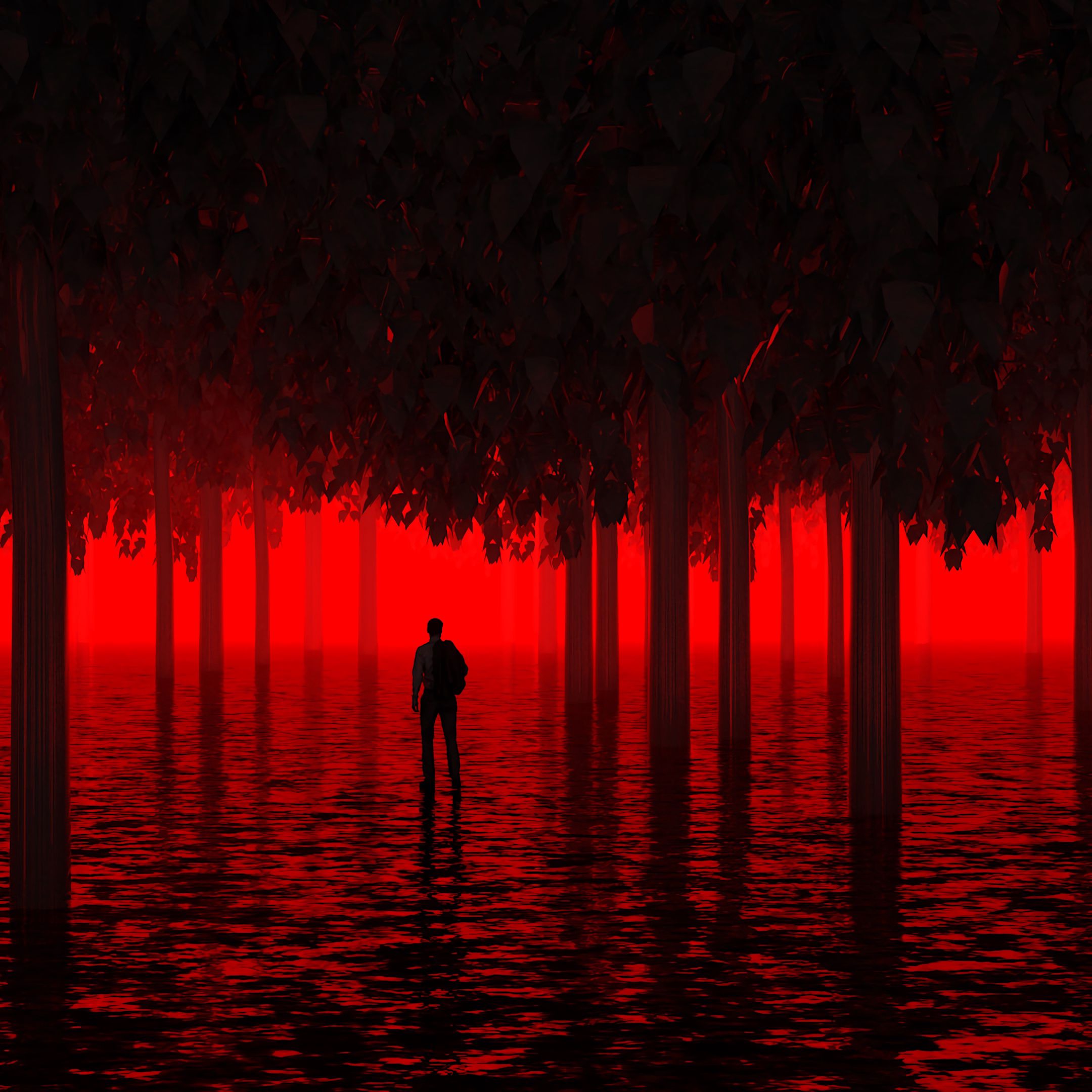 light, neon, human, dark, water, trees, red, shine, person, flooded, submerged wallpapers for tablet
