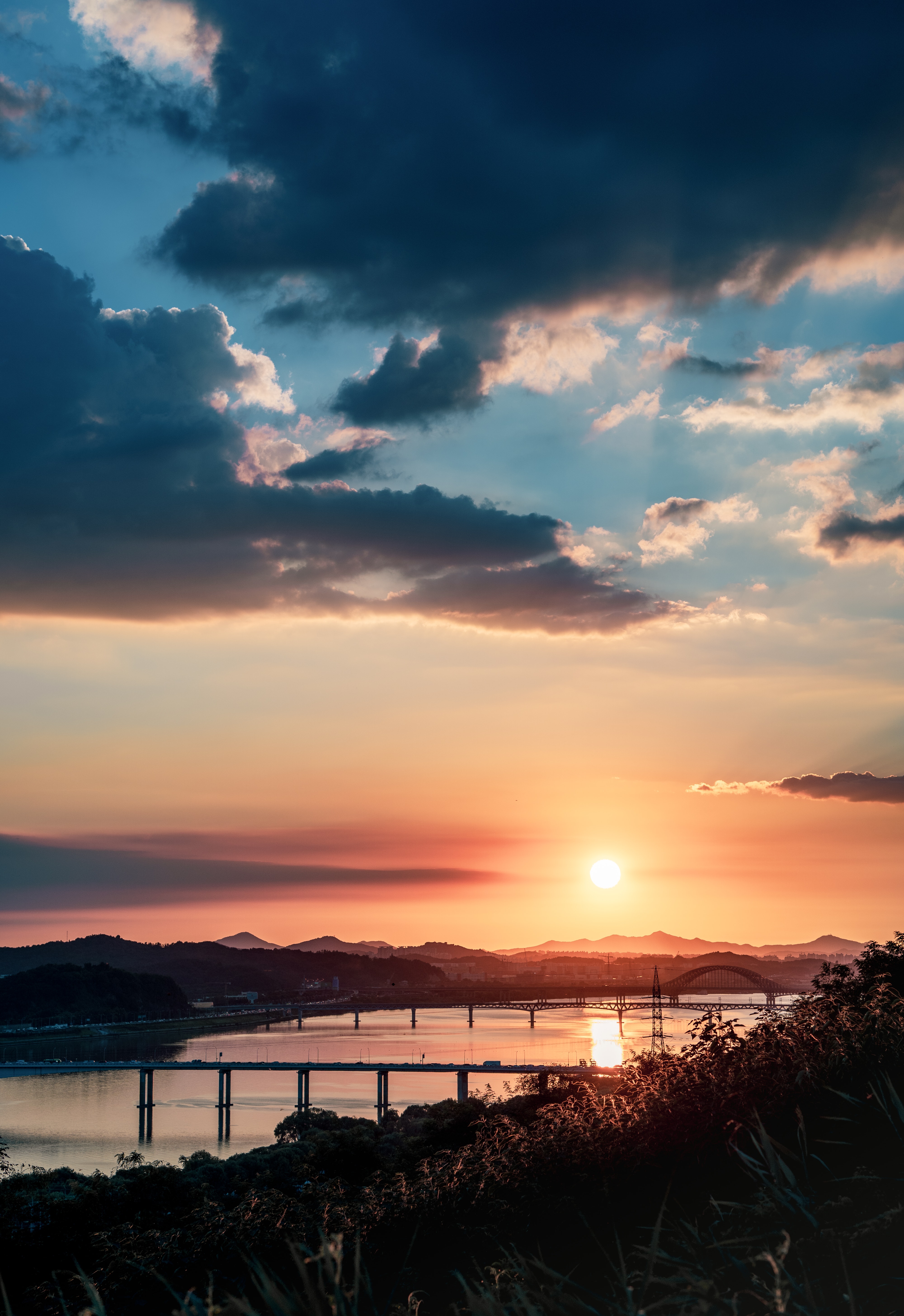 clouds, sunset, rivers, cities Panoramic Wallpapers