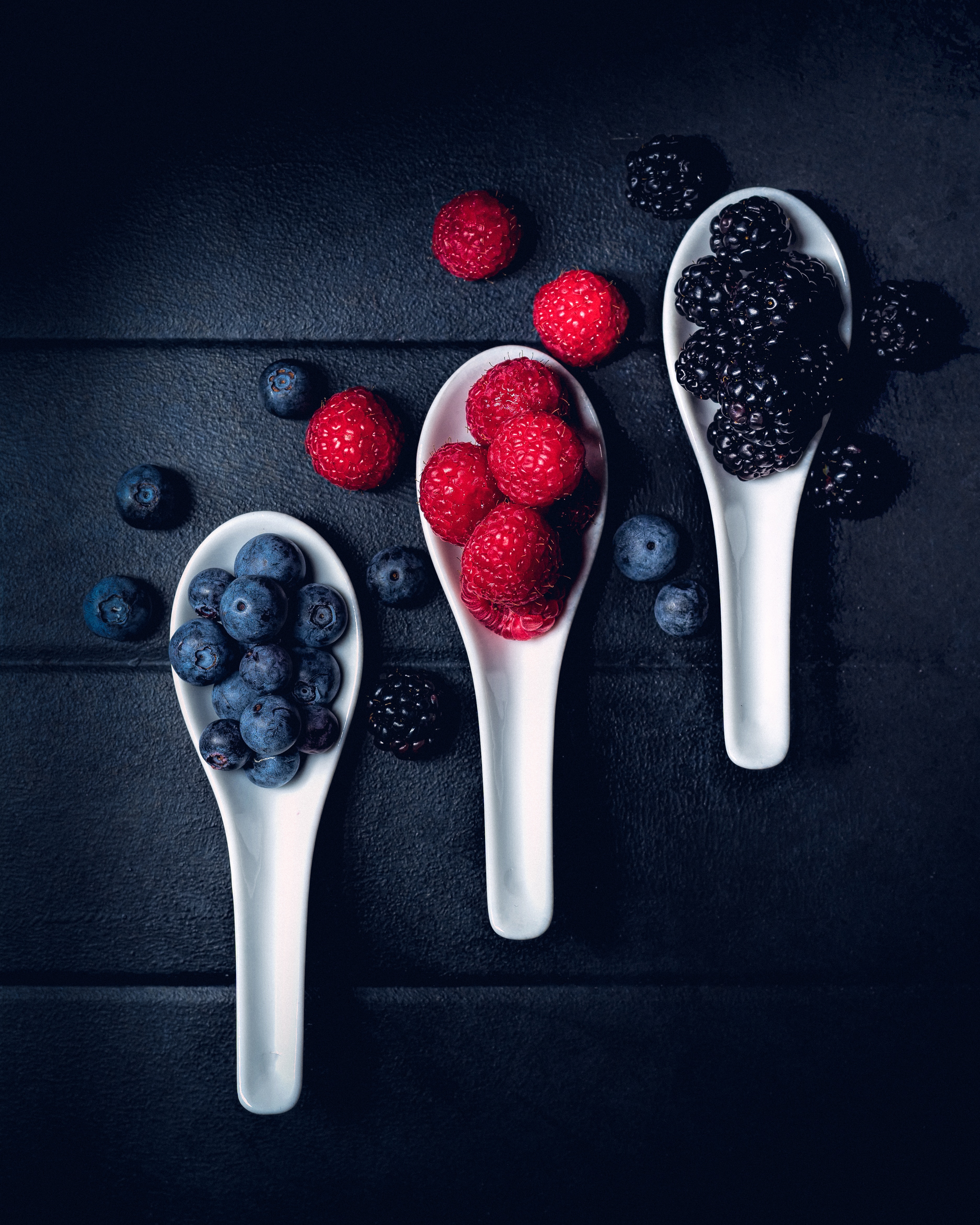raspberry, spoons, bilberries, food HD Wallpaper for Phone