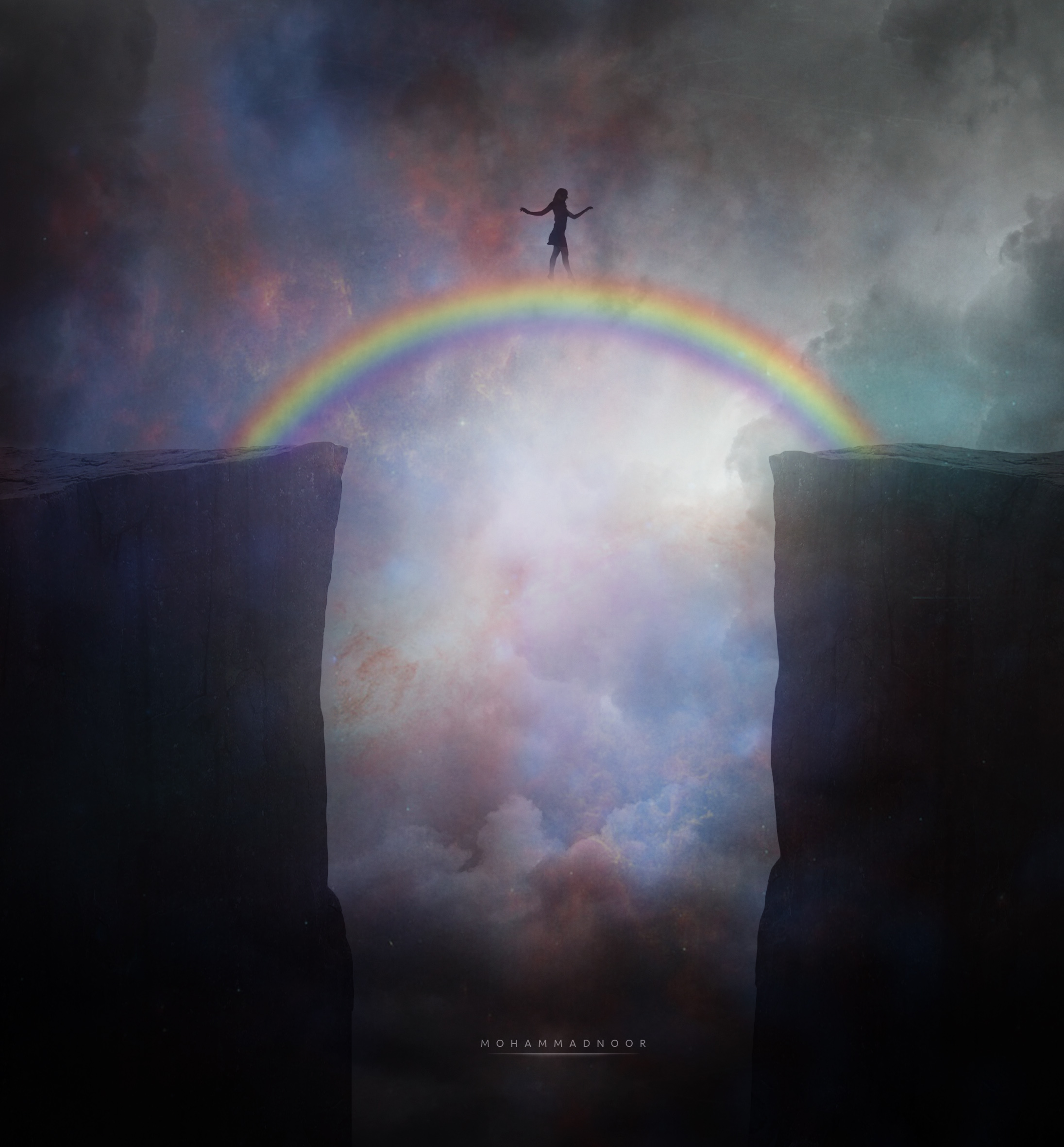 rainbow, art, silhouette, break, precipice, bridge for android